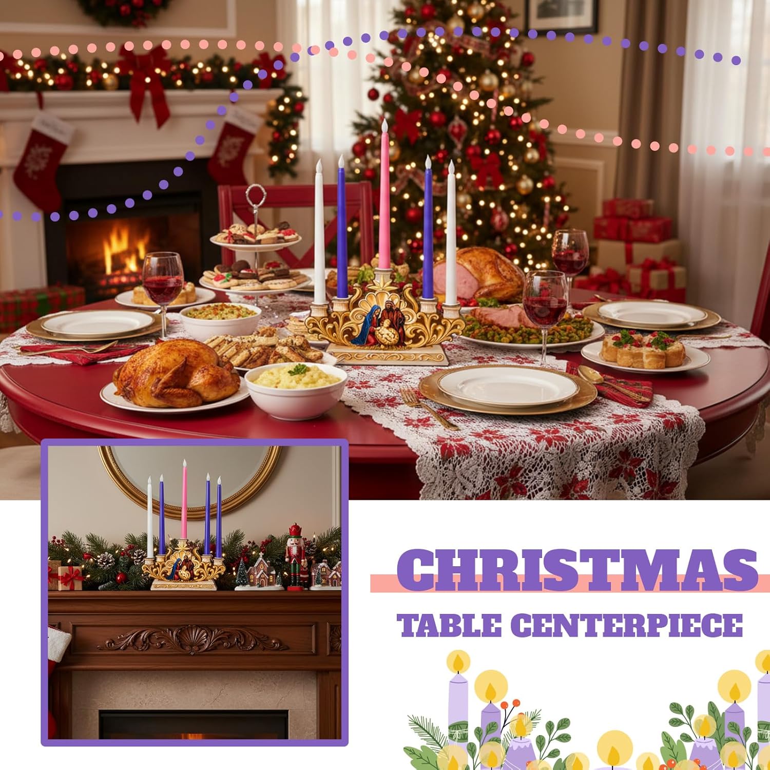 Qinyoung Advent Candle Holder with 5 Pcs Flameless Advent Candle Christmas Nativity Holy Family Scene Candleholder Religious Figurine Decors for Indoor Home Church Table Centerpiece