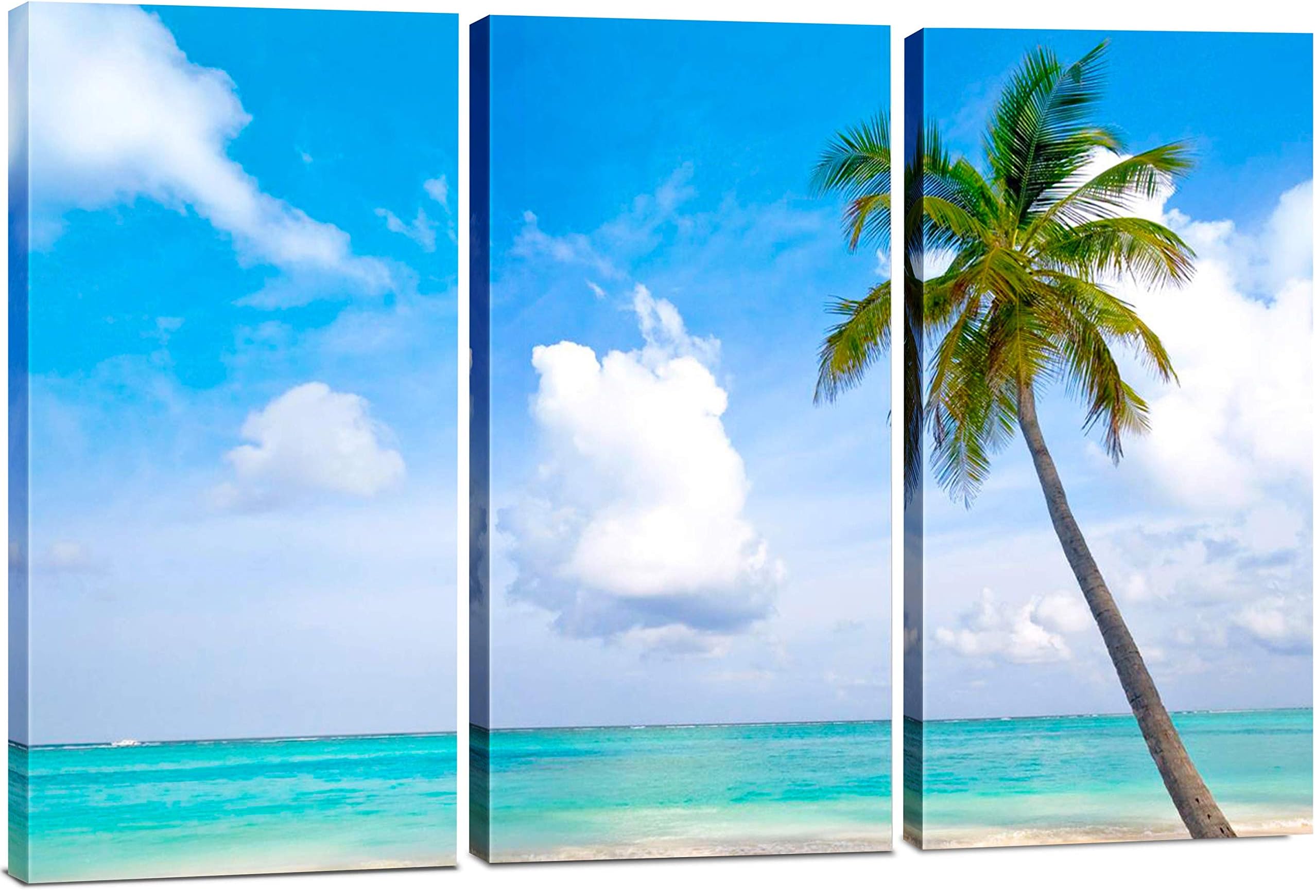 Beach Wall Art Decor - 3 Piece Set, Decorative Framed Palm Tree Ocean Canvas Art Multi Panel Split Prints for Living Room, Kitchen, Bedroom, Office & Home Decor Gift