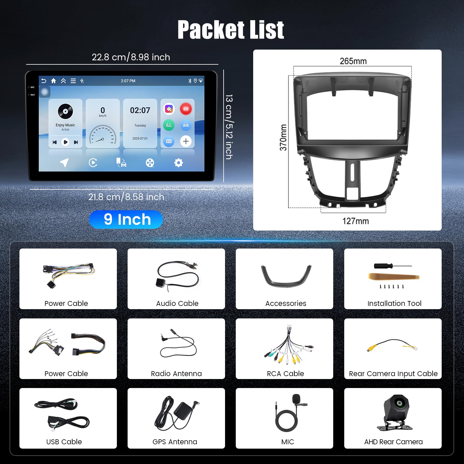 Hikity Radio samochodowe 4+64G Android 15 do Peugeot 207 2006-2015, 9-calowy ekran radiowy z bezprzewodową funkcją CarPlay, Android, Bluetooth, nawigacją GPS, WiFi, EQ USB, i kamerą cofania