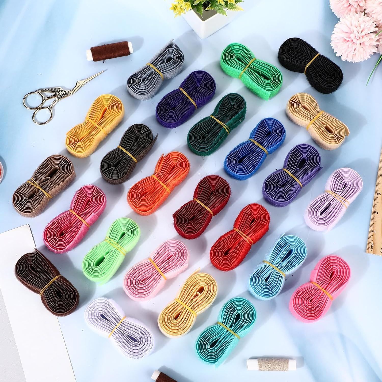 Suncalla 24 Colors 48 Yards Sew on Hook and Loop Tape 3/4'' Wide 1 Yard Hook and Loop for Each Color Nylon Fabric Fastening Tapes Set for DIY Craft Supplies