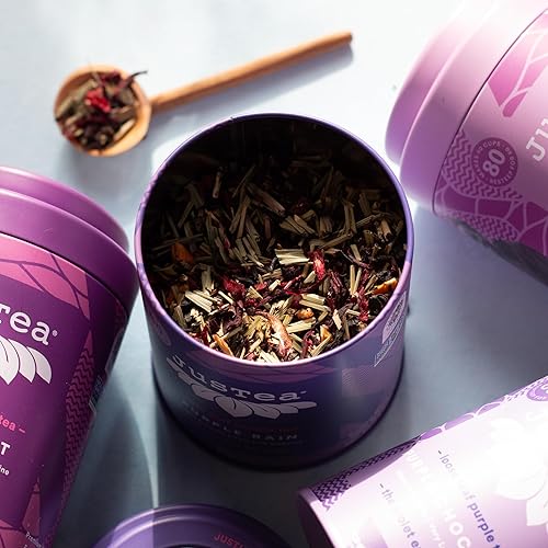 Miniatura 3 de JusTea Purple Rain Té morado de hojas sueltas con cuchara de té tallada a mano, más de 40 tazas (2.8 onzas)  Muy bajo contenido de cafeína