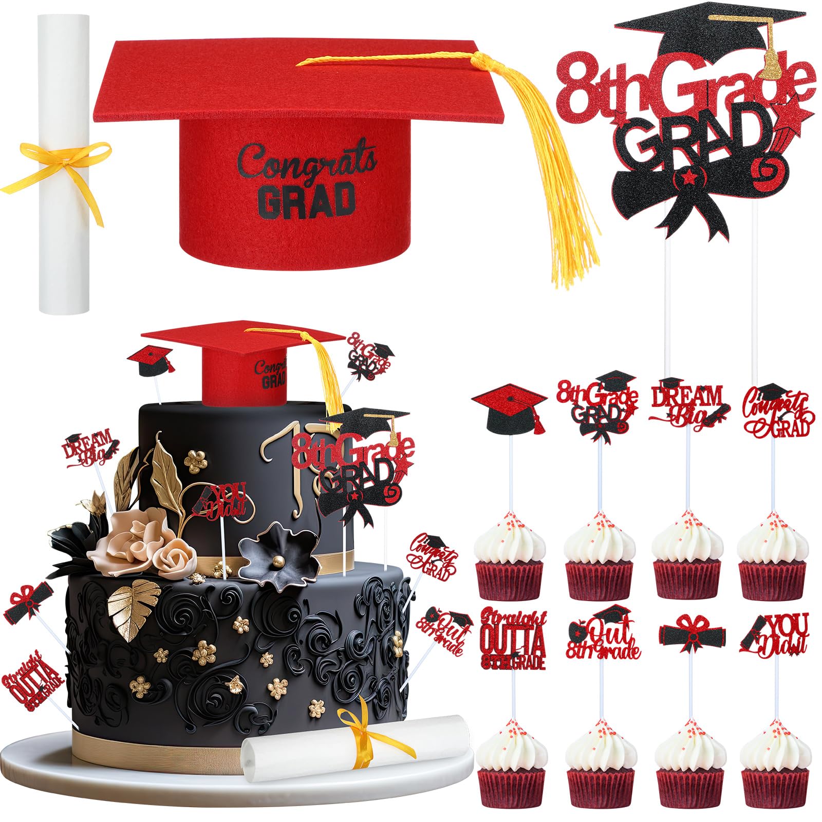 Reallnaive 27 Pcs 8th Grade Graduation Cake Kit Included Felt Graduation Cap with Tassel Glitter Cupcake Toppers Diploma Decorations for Eighth Grade
