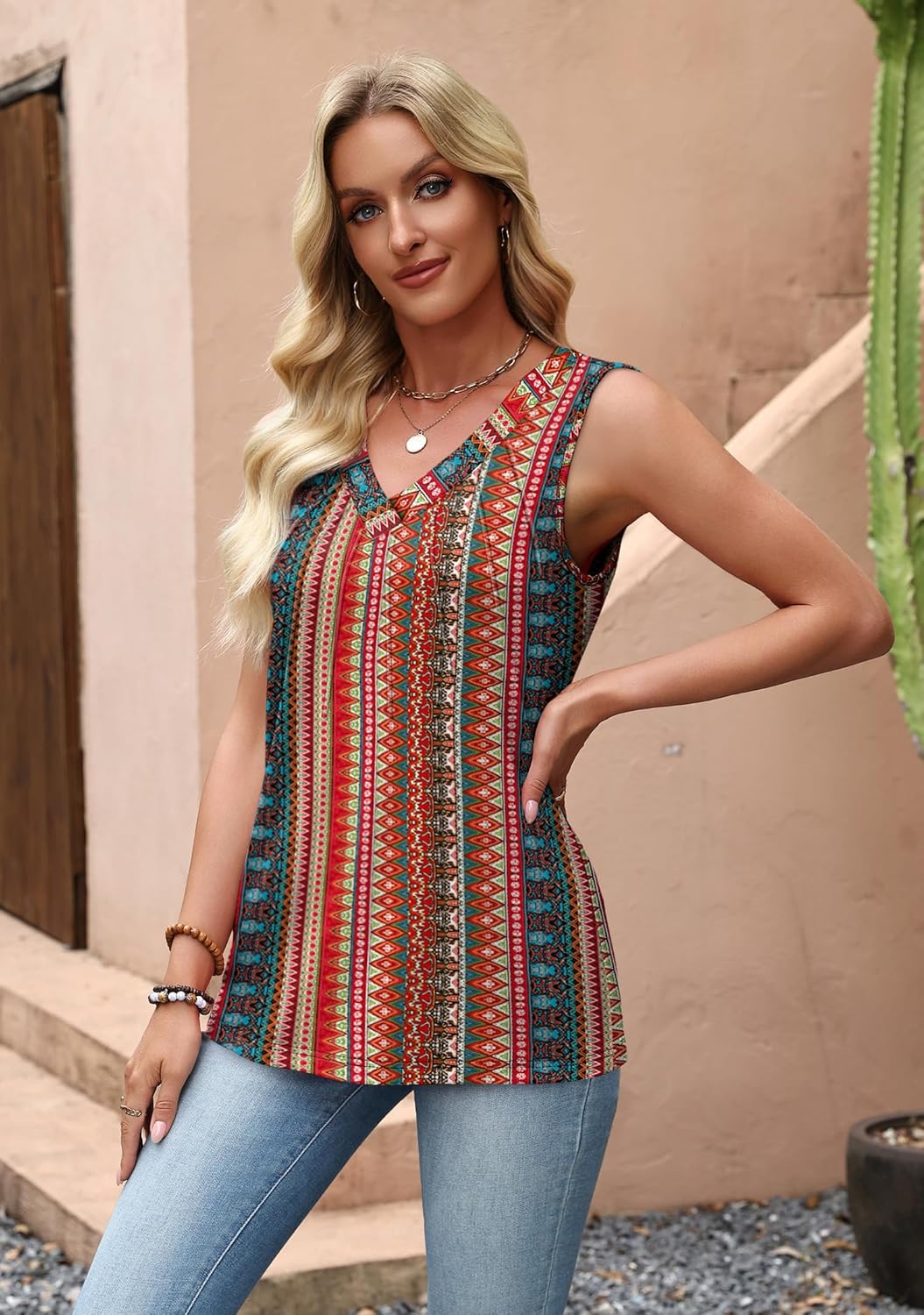 OFEEFAN Tank Tops for Women Loose Fit Sleeveless Shirts V Neck Summer Clothes Ruched Women's Tees and Tanks Straight Hem - Image 3