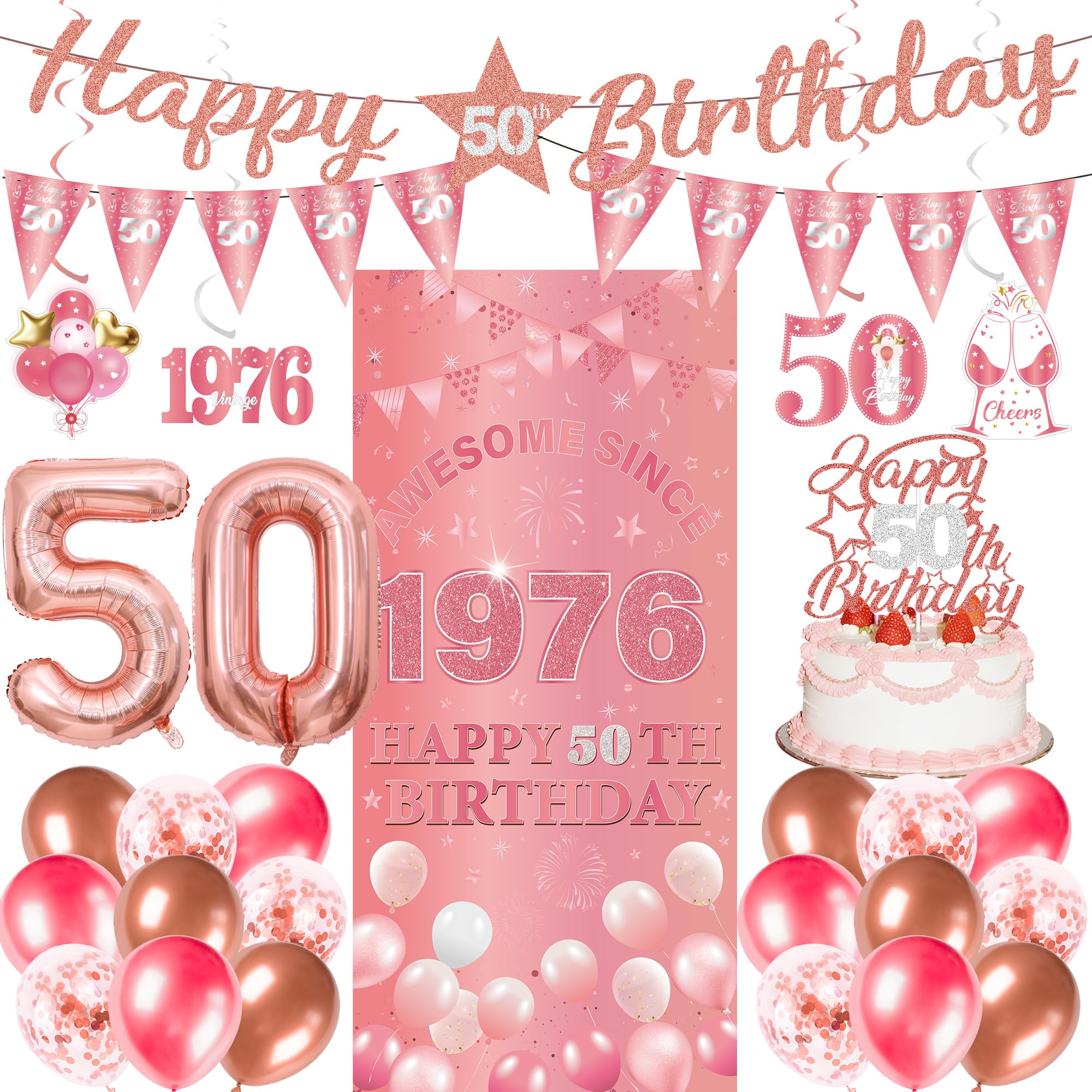 50th Birthday Decorations Women Kit - 27 Pcs Rose Gold Happy 50th Birthday Banner Triangular Flag Hanging Swirls Backdrop Cake Topper 50 Balloon Set for 50 Years Old Party Decoration Supplies