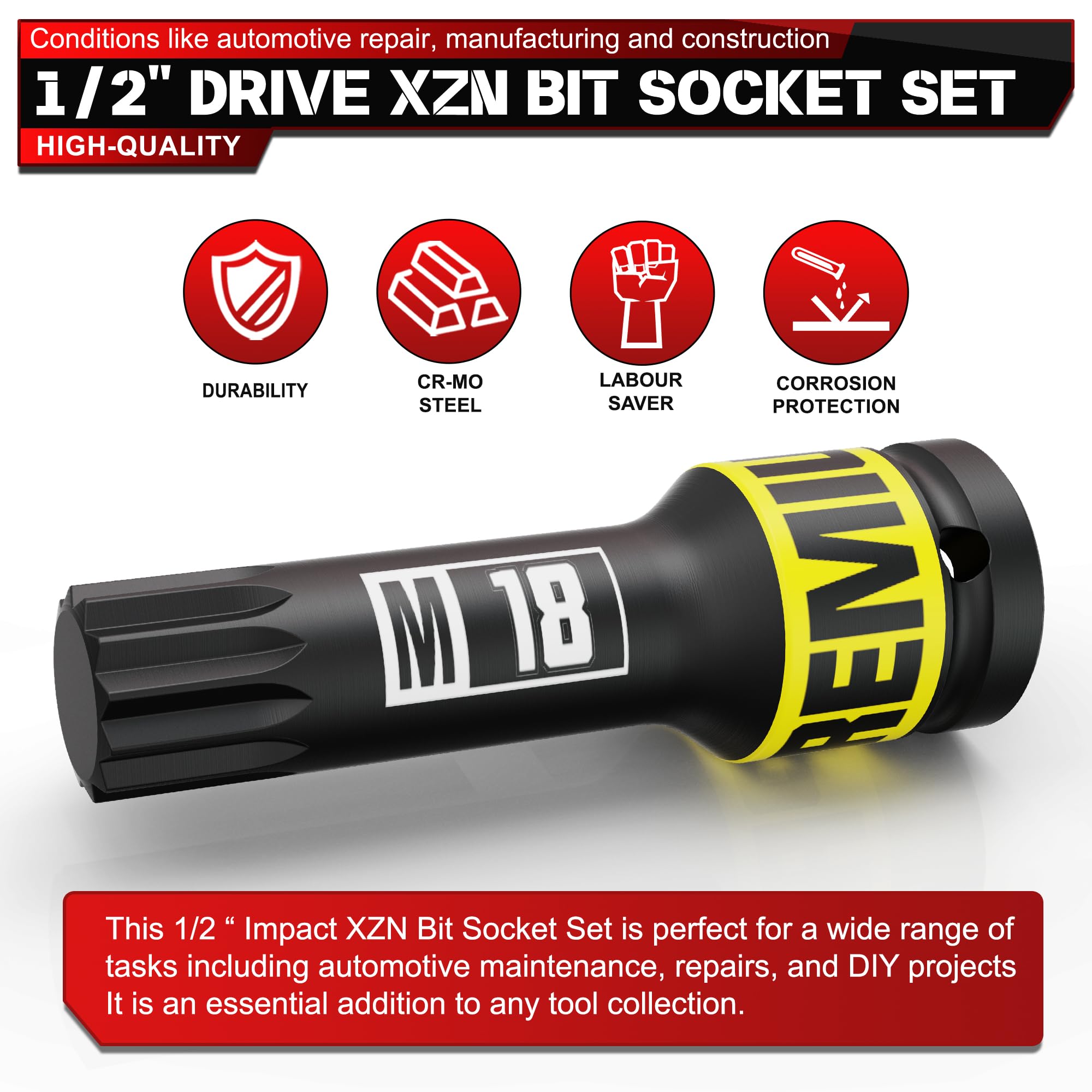 Chiavi a Bussola XZN 1/2", 10 Pezzi Bussola con Denti Multipli Set, M5 - M18 Tripla Scanalatura Quadrata, Indicato per Interventi su Auto Piccole Riparazioni Domestiche
