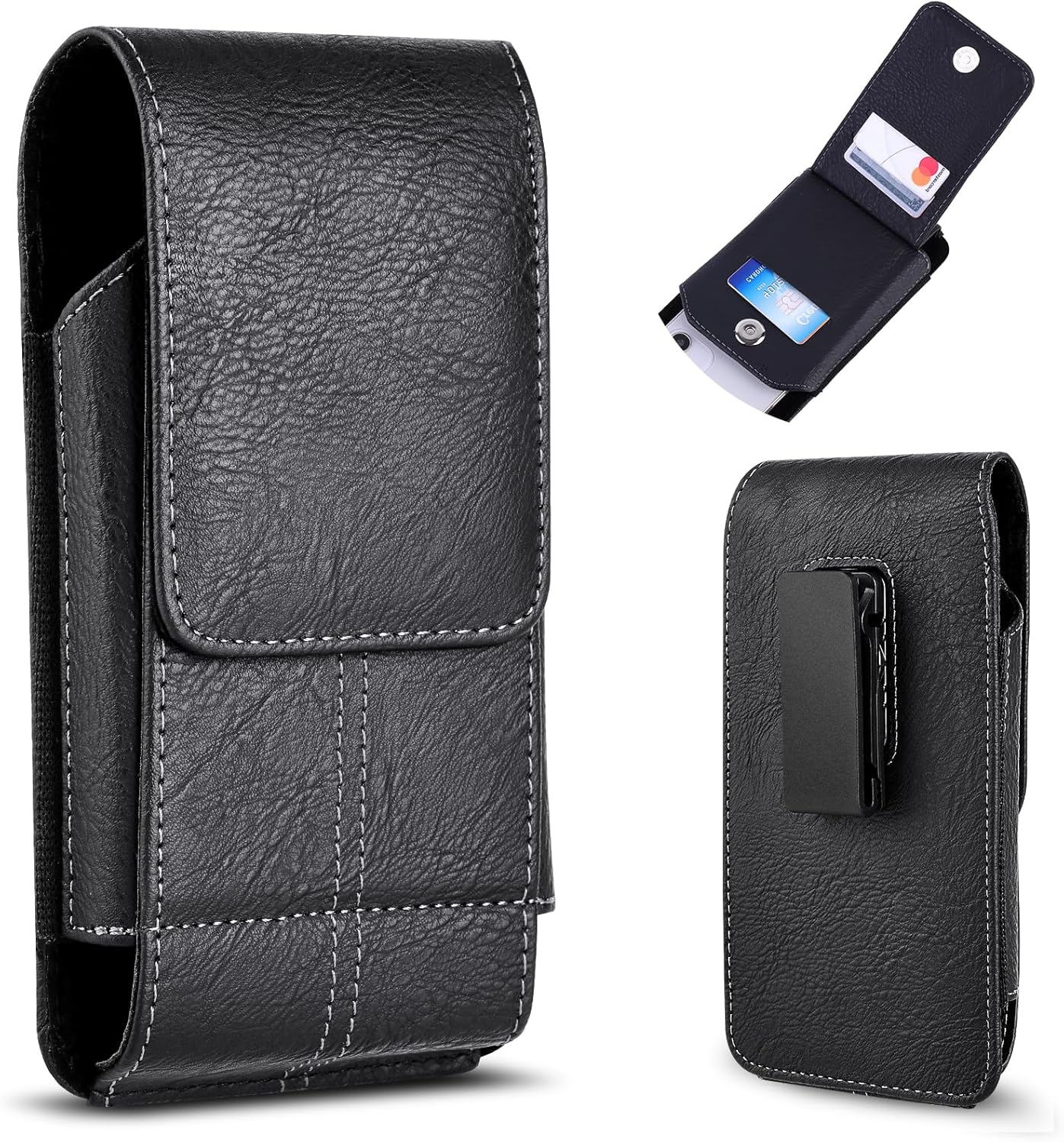 Leather Phone Holster for Men Belt, 360° Rotating Belt Clip & Magnetic Flip Cover, Fits up to 7.0” Phone with Case, Multi-Functional PU Leather Cell Phone Pouch for Daily & Outdoor Use (MC3)