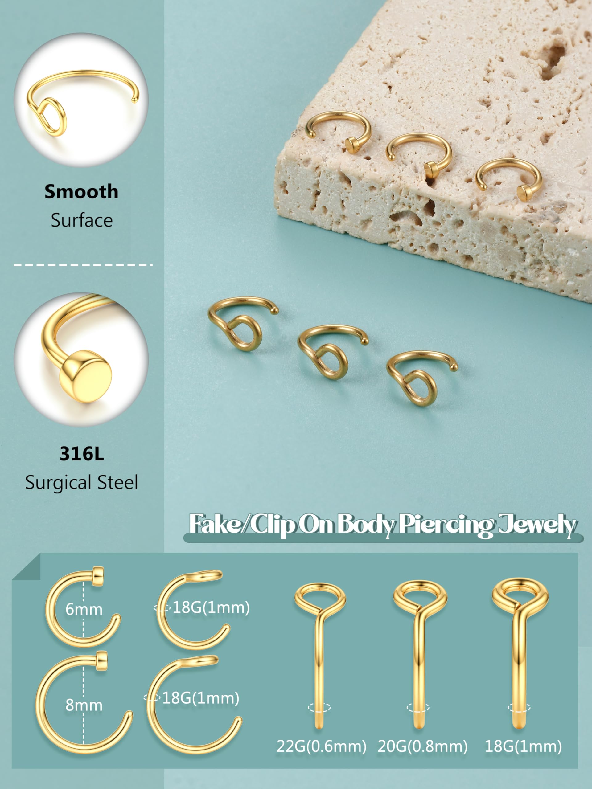 Diamday 6 szt. kolczyk do nosa, sztuczny kolczyk do nosa, stal chirurgiczna 316L, sztuczna septum, warga, bez przekłuwania, biżuteria do ciała, 22 g/20 g/18 g, 6-8 mm