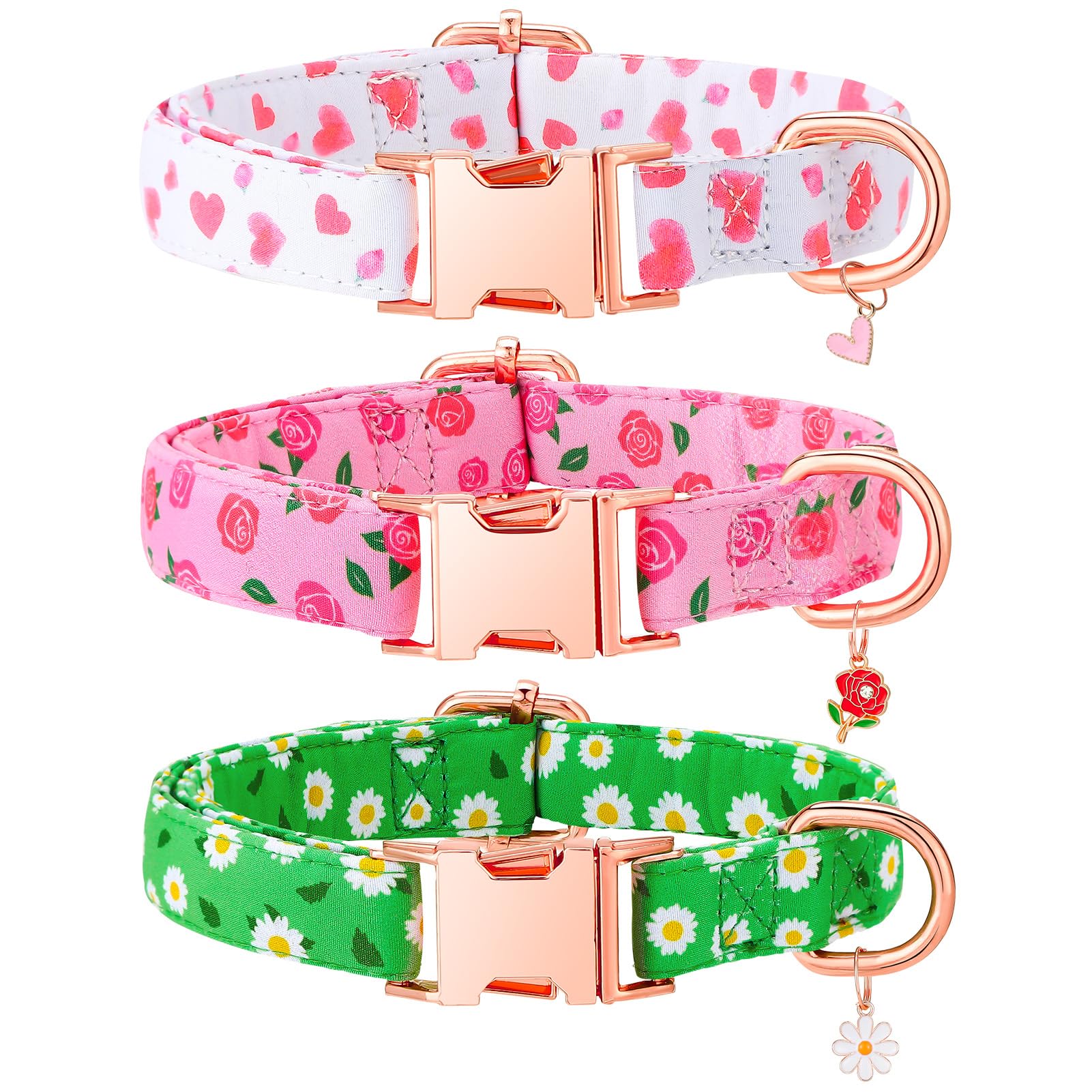 GSrenyu 3 Pack Quick Release Floral Dog Collars with Mental Safety Buckle(Large）