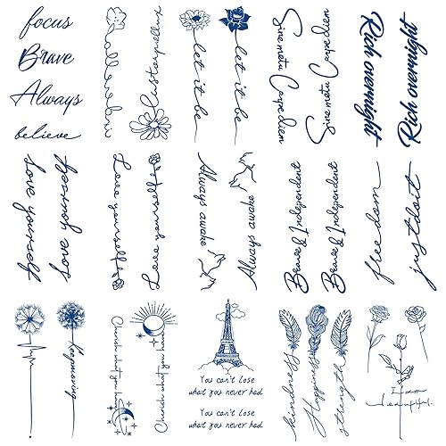 Pequeños tatuajes falsos, tatuajes temporales semipermanentes en inglés, pequeñas citas inspiradoras, tatuajes para mujeres adultas, cara, cuerpo,