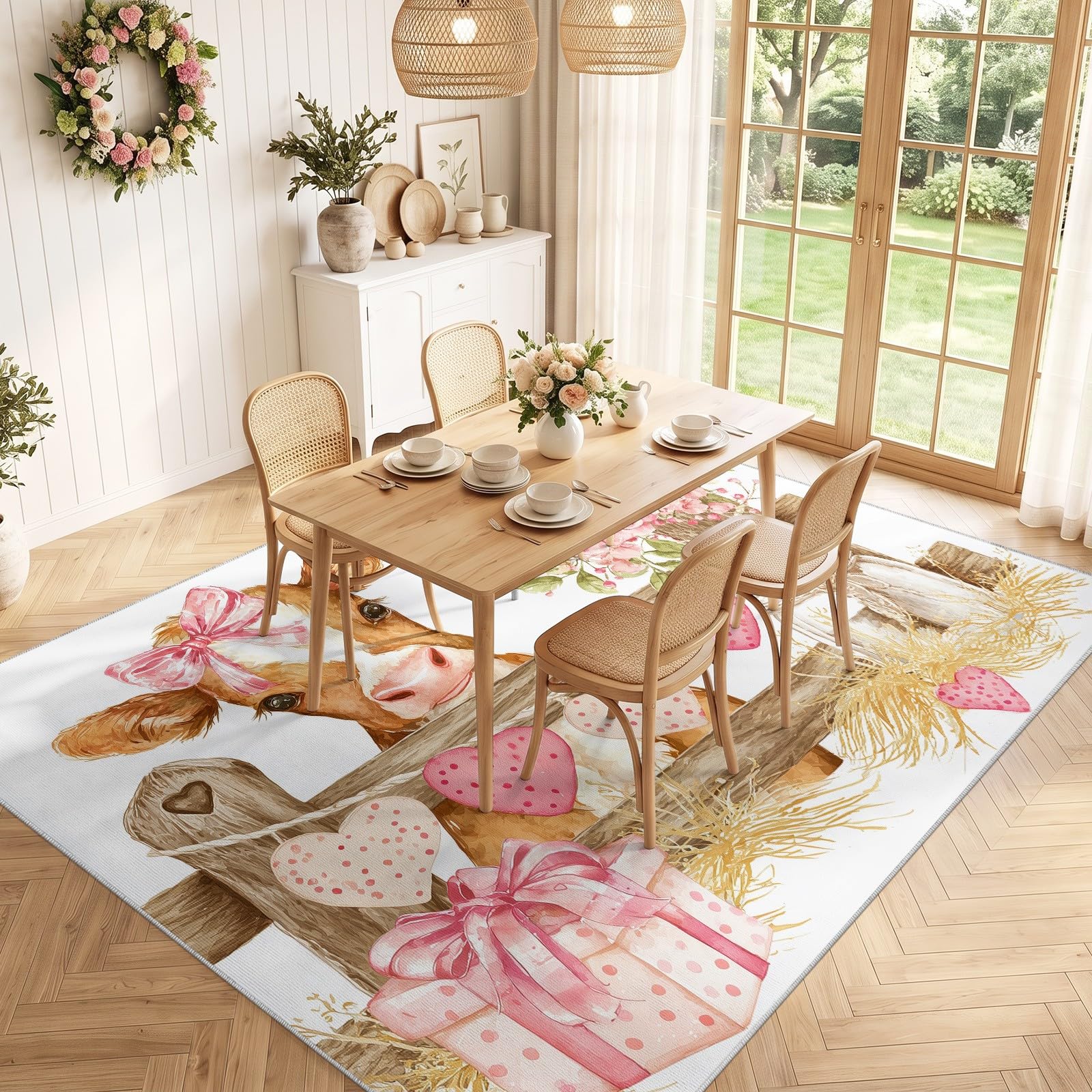 Tapis Vache Roses cœurs de Salon Lavable à Poils Ras 80 x 150 cm