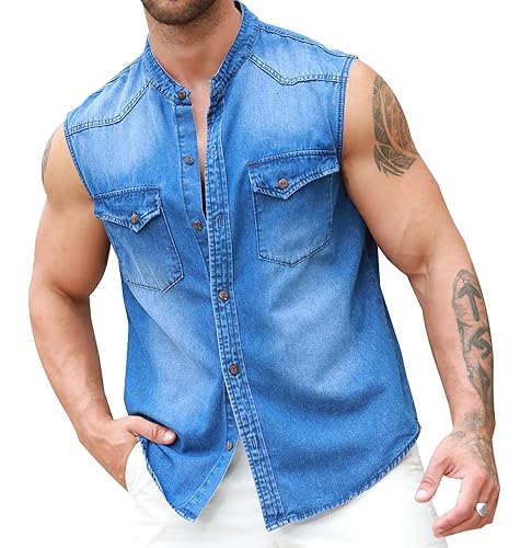 Ryannology Mens Denim Sleeveless Shirts Cowboy Jean Vest Casual Button