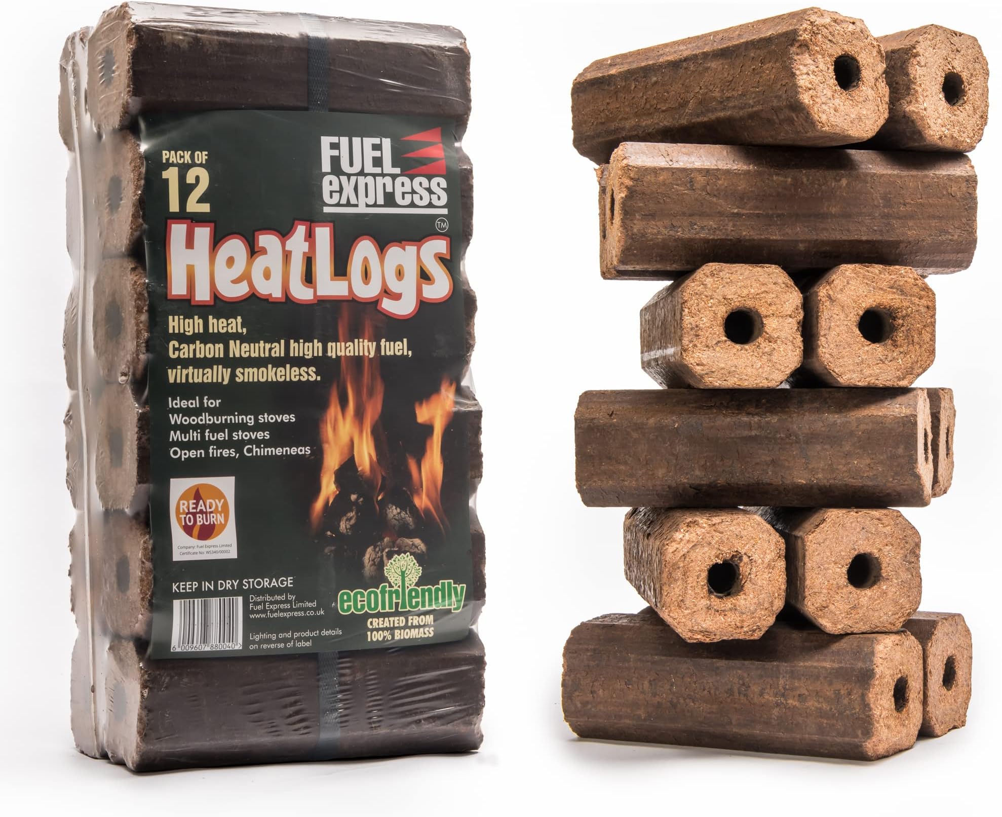 Fuel Express Heat Logs | High Energy Wood Fuel for Wood Burners, Open Fires, Chimineas | 12 Pack
