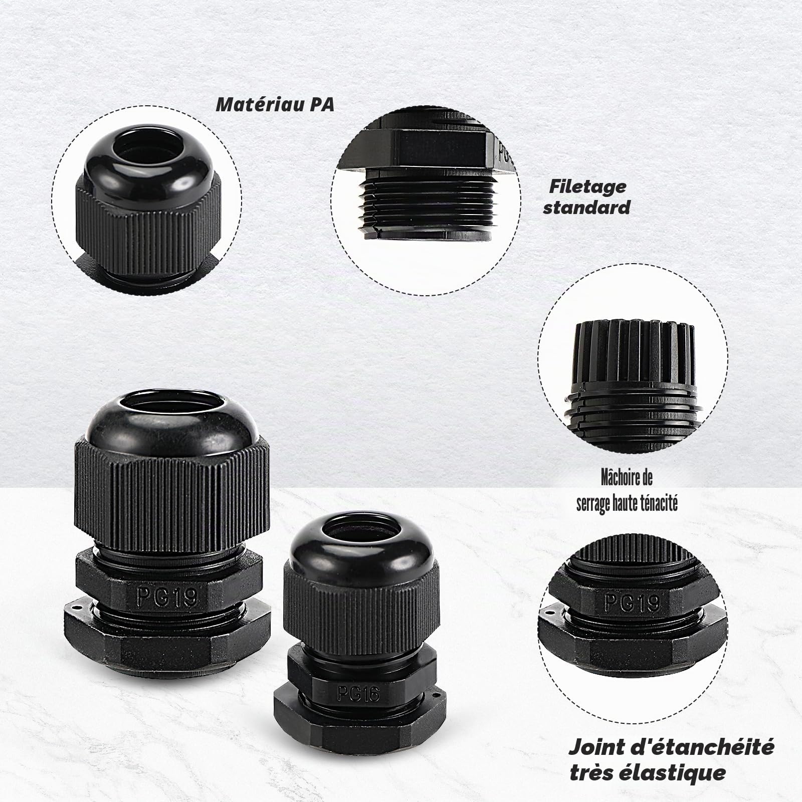 Presse Étoupe, 50 Pièces Presse Étoupe Étanche en Nylon, PG7 PG9 PG11 PG13,5 PG16 PG19 Réglable Connecteurs Glandes pour Maison Jardin Éclairage d'extérieur Câble