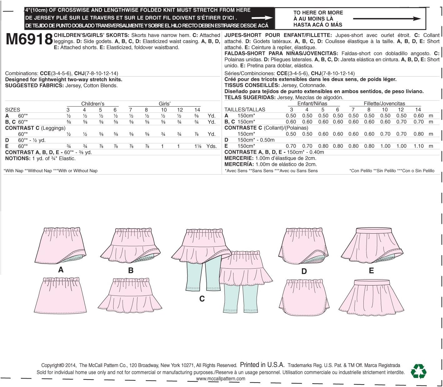 McCall Pattern Company M6918 Children's/Girls Skorts, Size CHJ