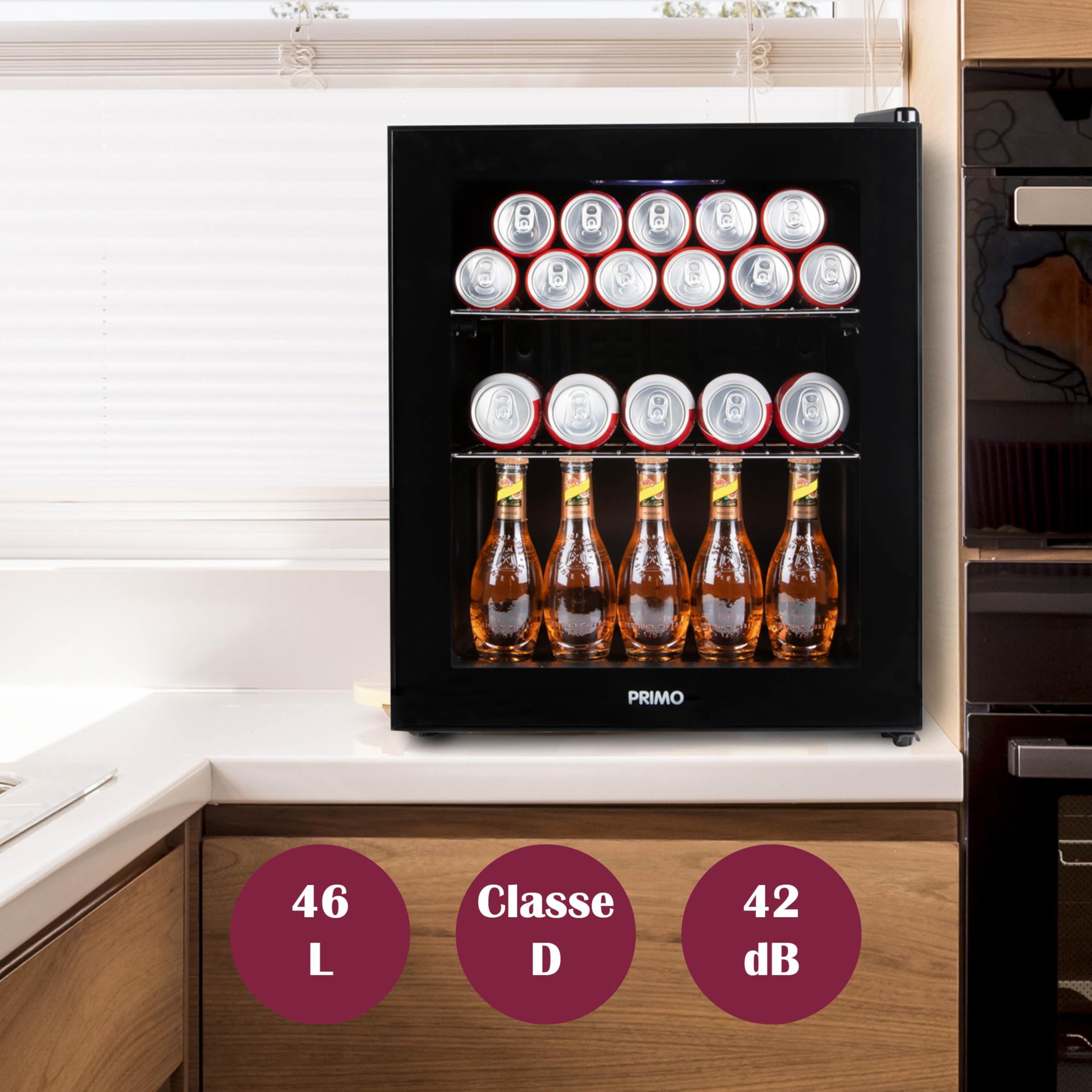 PRIMO PR178BC - Frigorifero per bevande, minibar, mini frigo, porta vetrata, posa libera, 46 l, D, nero