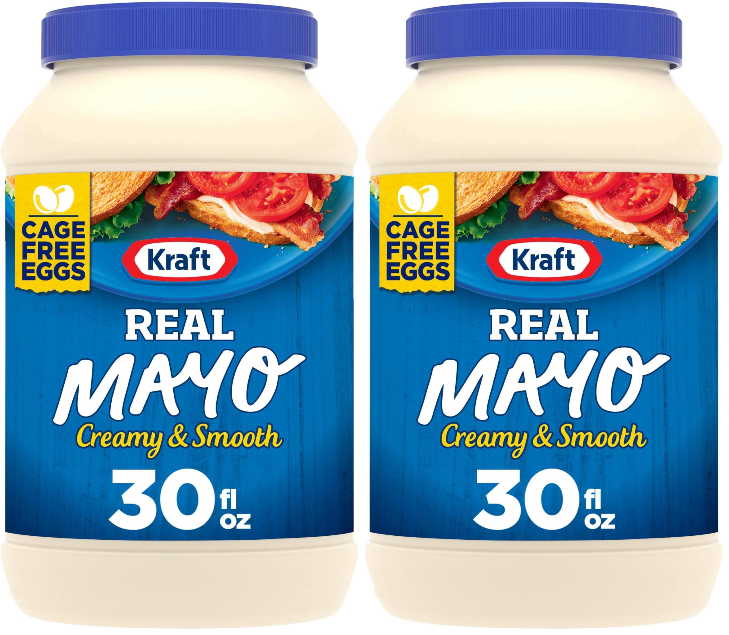 KraftReal Mayo Creamy & Smooth Mayonnaise - Classic Spreadable Condiment for Sandwiches, Salads and Dips, Made with Cage-Free Eggs, For a Keto and Low Carb Lifestyle, 30 fl oz Jar (Pack of 2)