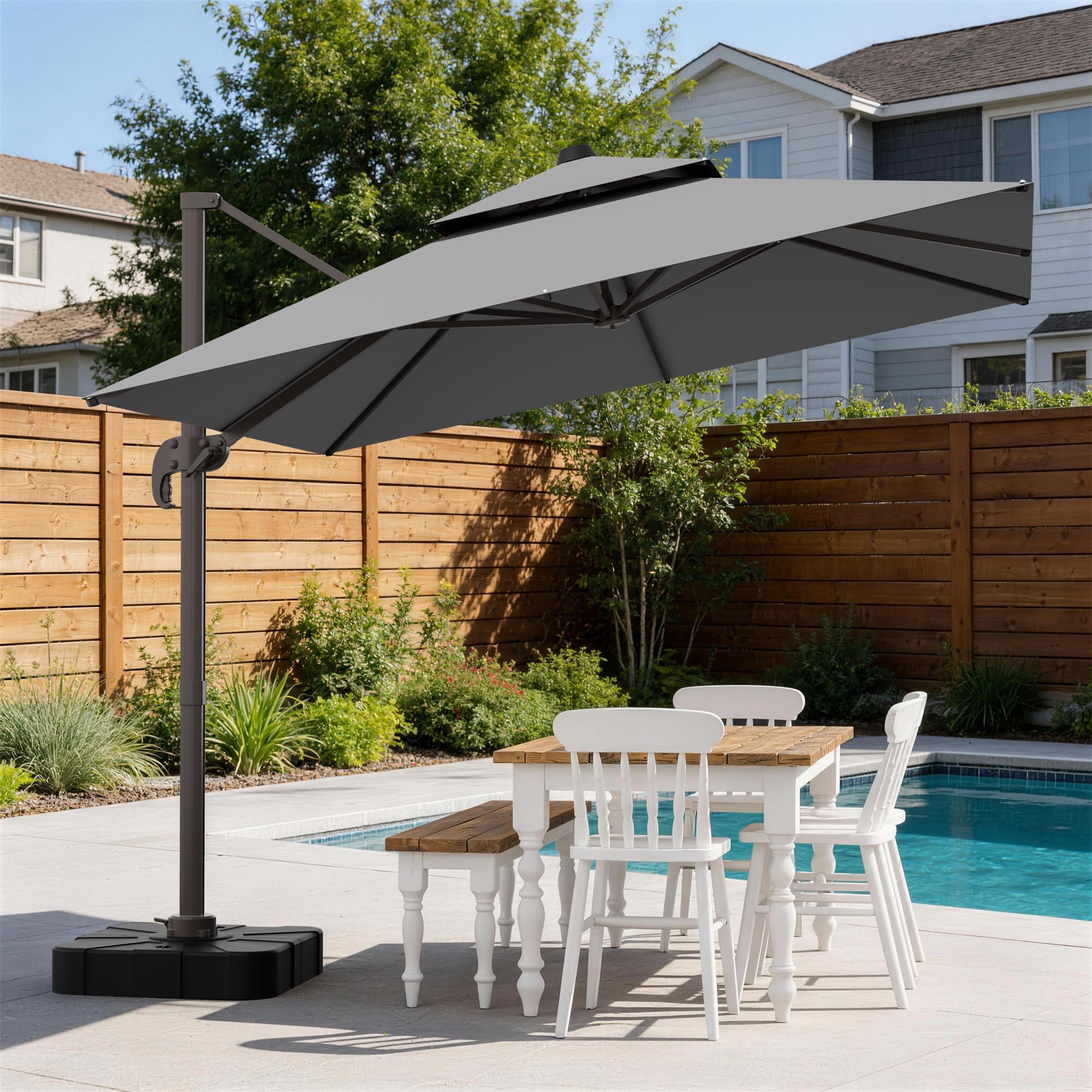 UMBFUN Sonnenschirm 300 x 400 cm mit Fußpedal und Kreuzsockel,Groß Ampelschirm,Kurbel Doppeldach Gartenschirm mit 360° Drehbar für Terrasse,Pool,Outdoor,Balkon Sonnenschutz