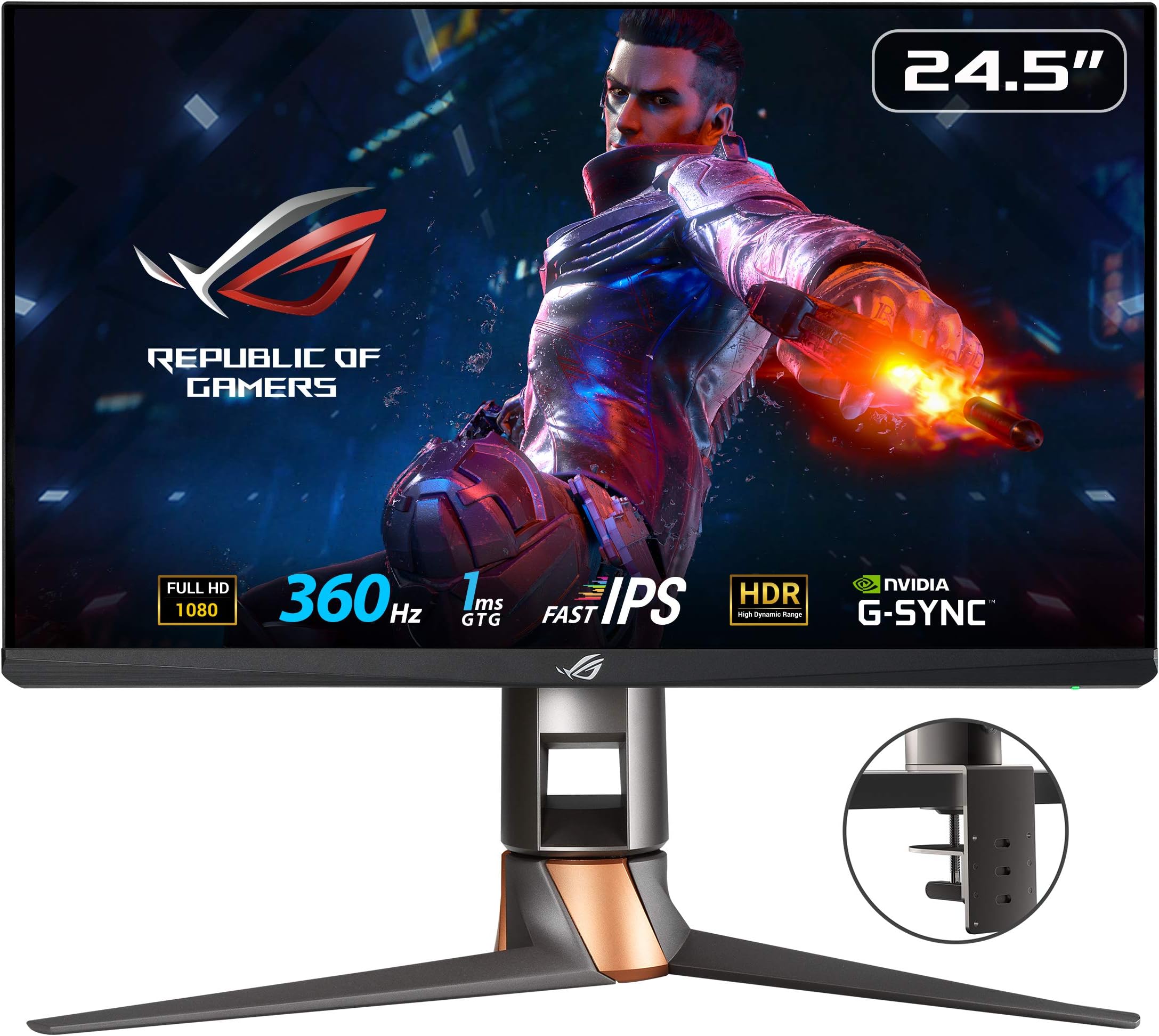 ASUS ROG SWIFT 360Hz PG259QNR eSports NVIDIA G-SYNC Gaming Monitor – 24.5 inch FHD (1920 x 1080), NVIDIA Reflex Latency Analyzer, 360 Hz, Fast IPS, 1 ms (GTG), ROG Desk Mount Kit