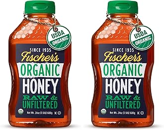 Fischer’s 100% Organic Honey, USDA Certified, 24 oz Squeeze Bottle – Pure, Unfiltered, Raw Honey – All-Natural Sweetener – Rich Flavor Profile, Natural Honey Packed with Nutrients (Pack of 2)