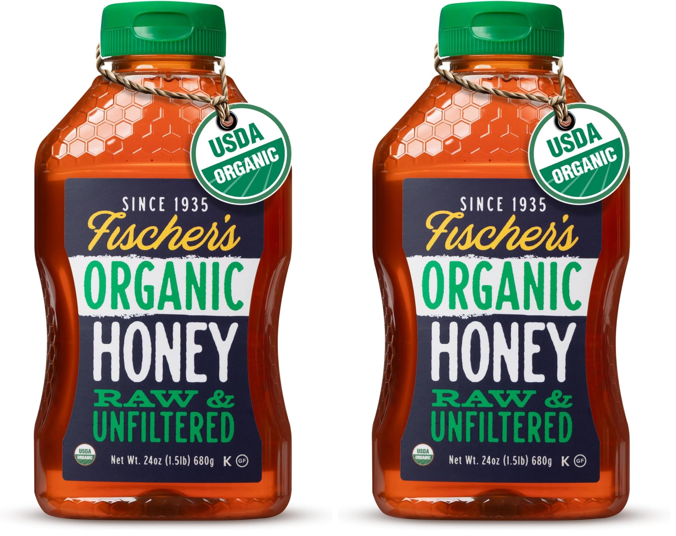 Fischer’s 100% Organic Honey, USDA Certified, 24 oz Squeeze Bottle – Pure, Unfiltered, Raw Honey – All-Natural Sweetener – Rich Flavor Profile, Natural Honey Packed with Nutrients (Pack of 2)