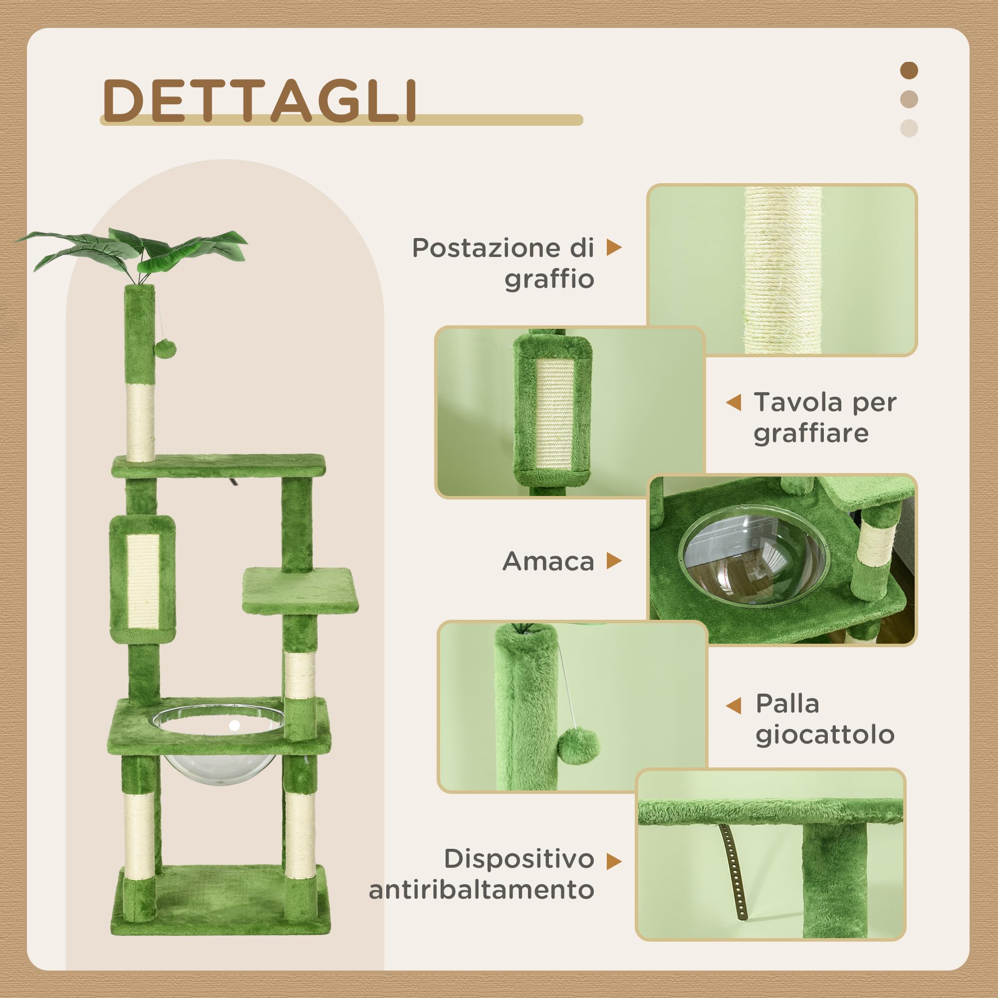 PawHut Albero per Gatti Multilivello Amaca Tiragraffi 49x49x142 cm Verde | Pallina, Foglie Decorative, Rivestimento in Peluche