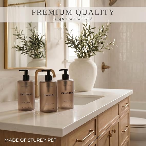 Stylish Shampoo & Conditioner Dispenser Set of 3-20oz Bottles with Pump