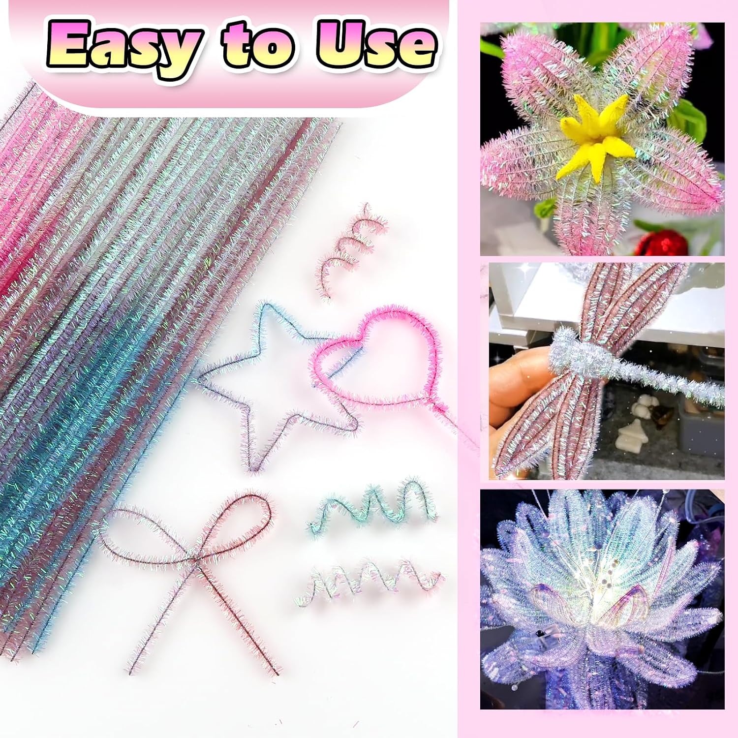 TOAOB 100pcs Gradient Glitter Pipe Cleaners Mixed Colors Chenille Stems | 12 Inch Fuzzy Sticks Craft Supplies DIY Art Projects Home Decorations