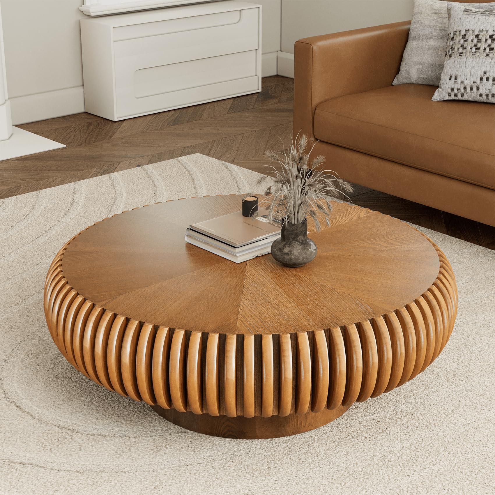 Zuowenyg A Modern Round Fluted Drum Shape Coffee Table