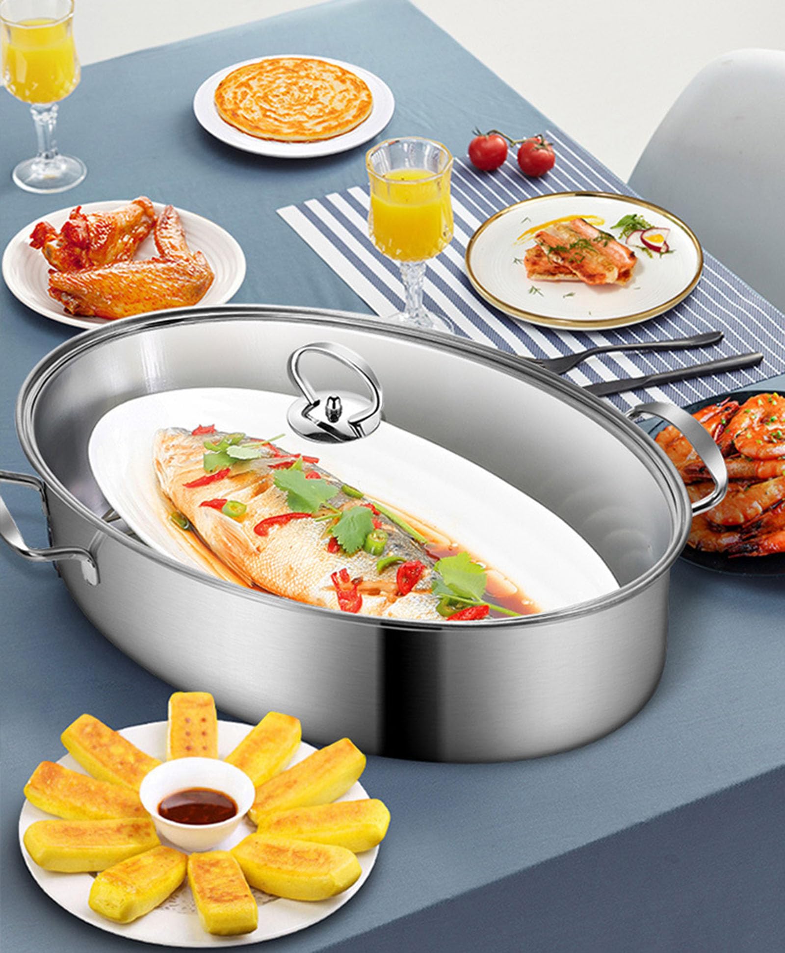 Olla Vapor Pescado Ovalada Acero con Rejilla, para Sopa