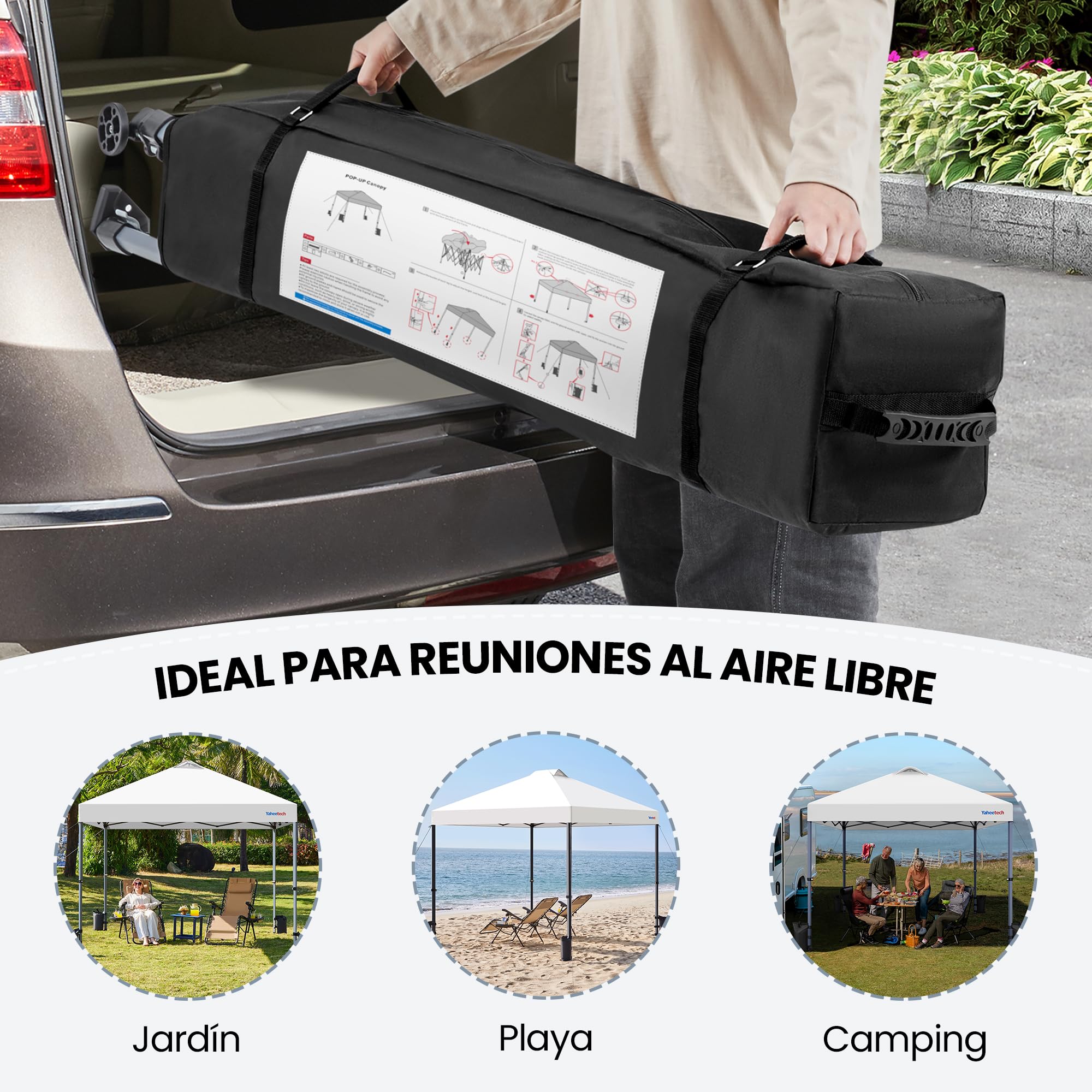 Yaheetech Carpa Pop-Up 3x3M con Ruedas, Cenador Altura Ajustable UPF 50+ con 1 Bolsa 4 Sacos de Arena 4 Cuerdas de Sujeción para Playa, Patio, Camping y Jardín (Blanco)