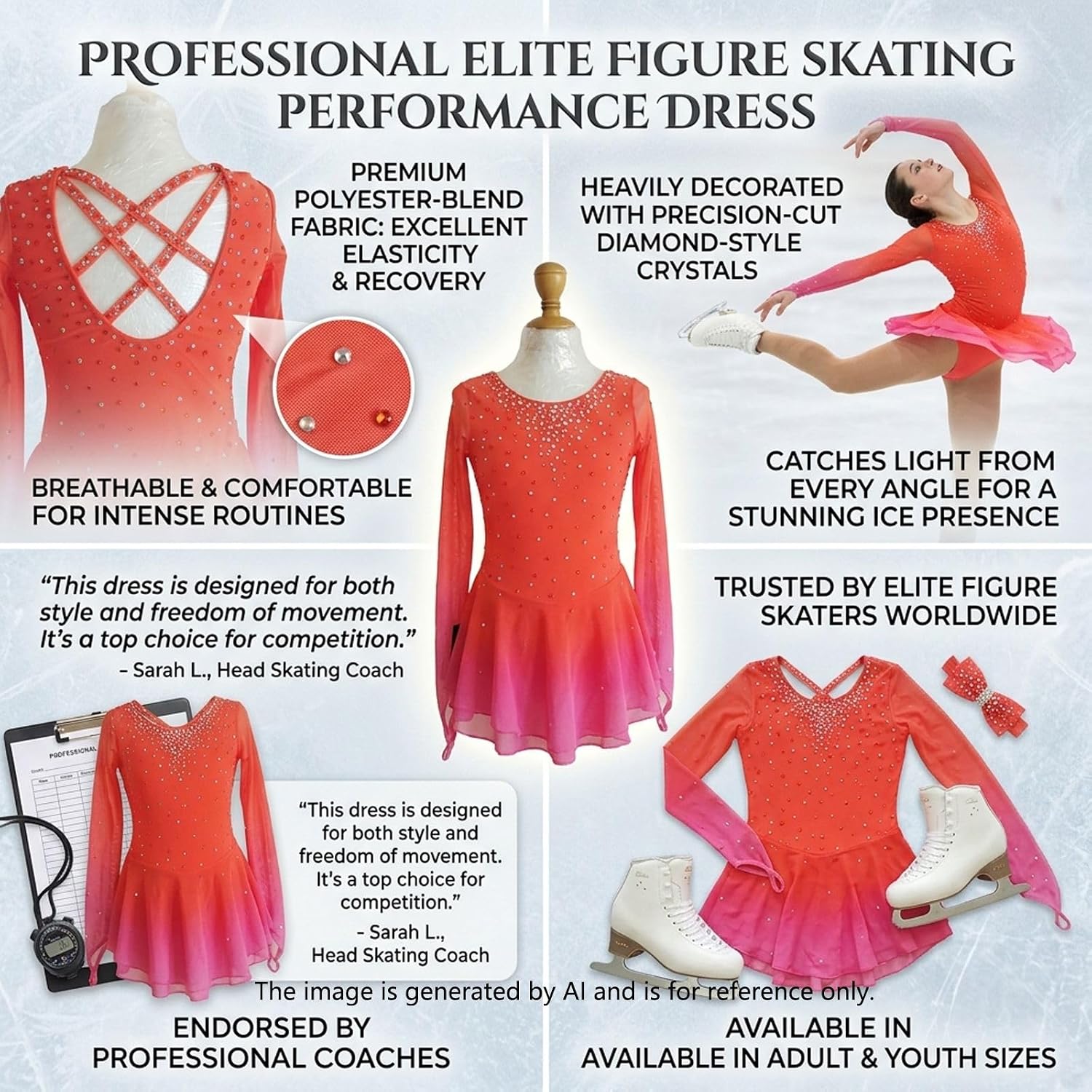 LIUHUO Girls Women Ice Figure Skating Competition Dress Gradient