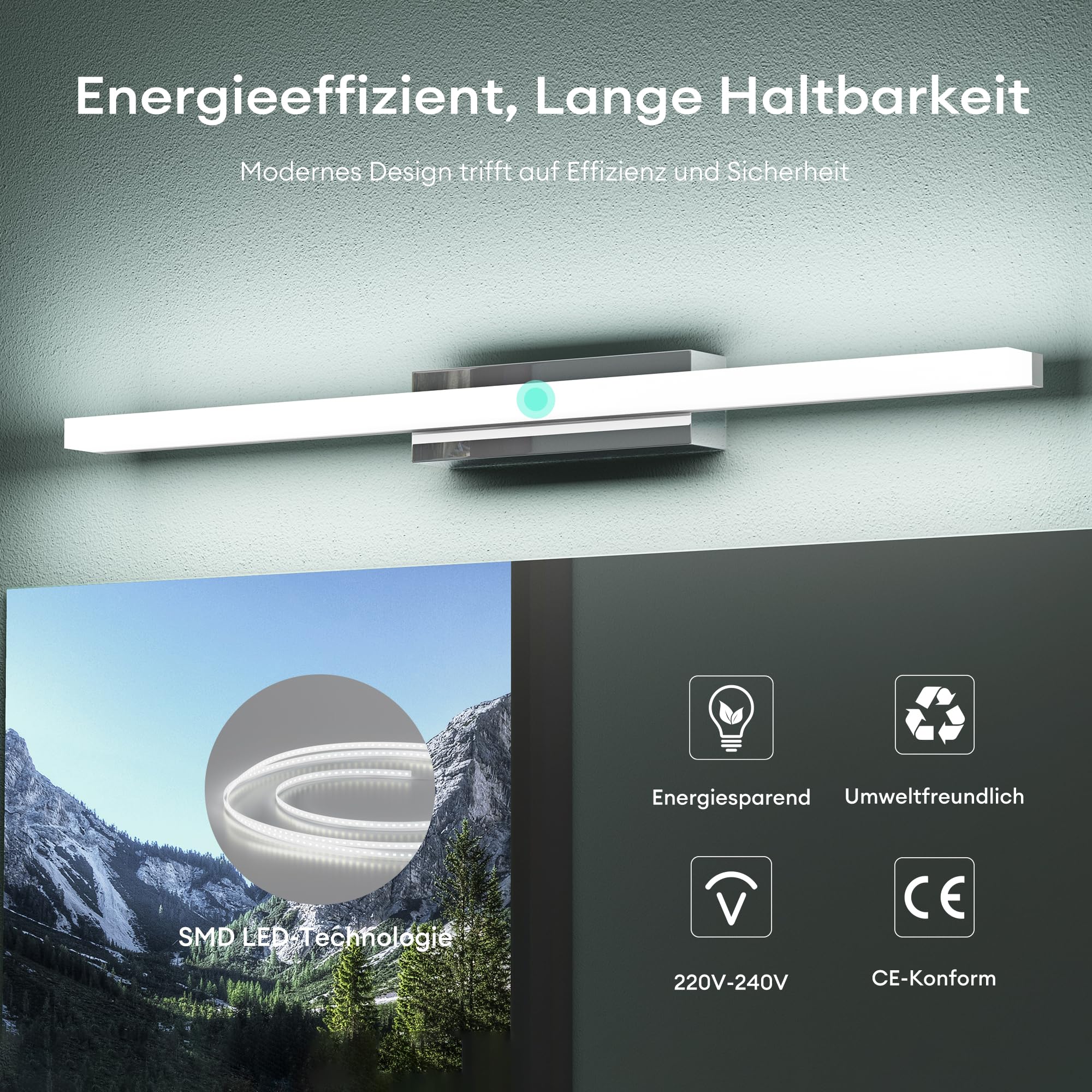 Mai & Mai Spiegelleuchte 60cm LED Badlampe | Spiegellampe, 6000K Badezimmer Lampe | LED Wandleuchte Chrom 14W Spiegelstrahl