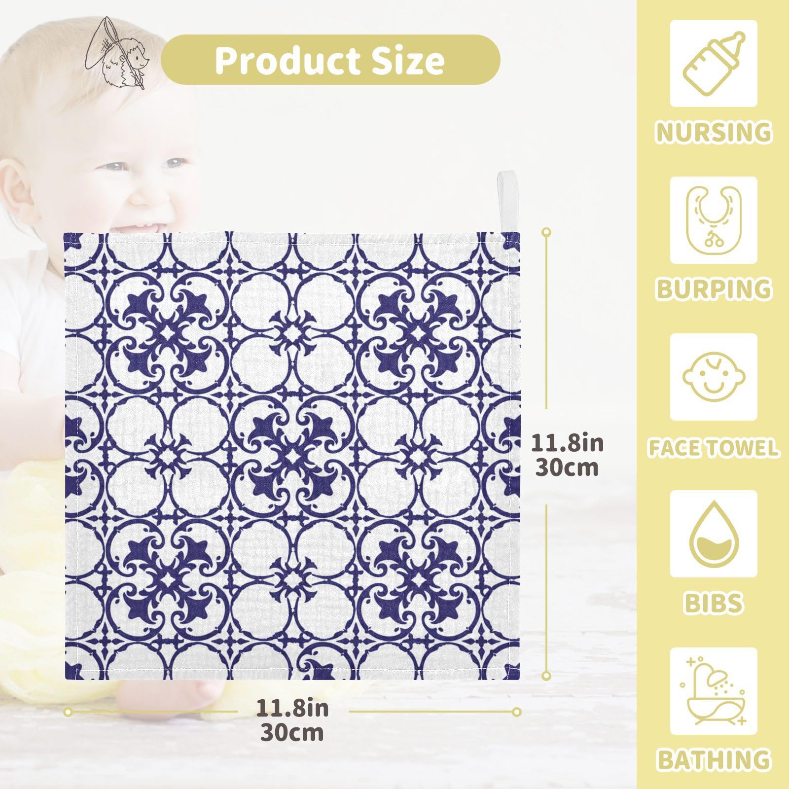 Kigai Mexican Ceramic Tile Pattern Baby Washcloths,3pcs Ultra Soft Absorbent Towel,Newborn Bath Face Towel, Natural Reusable Baby Wipes for Sensitive Skin, Baby Registry as Shower