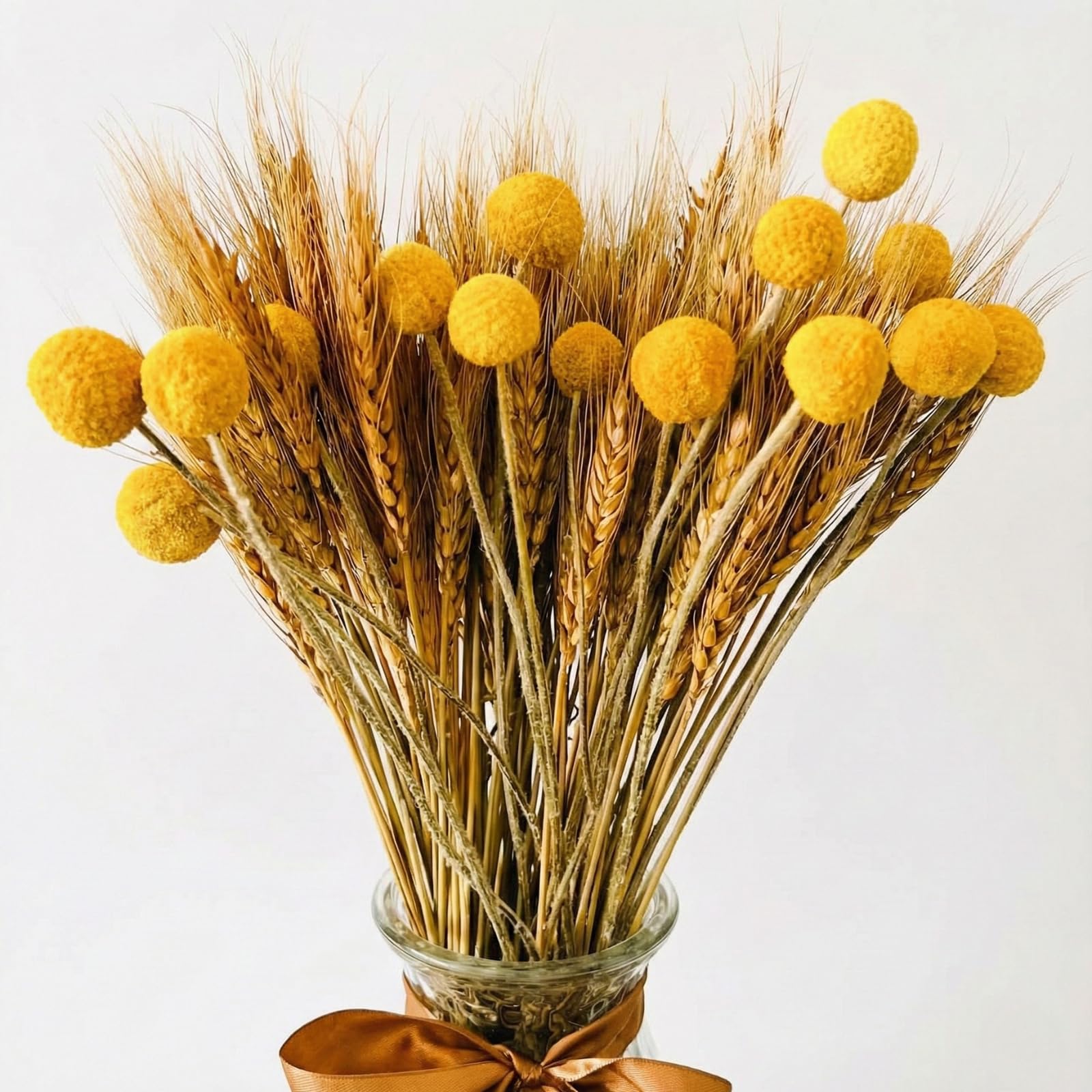 Dried Flowers for Vase - 100 Wheat Stalks & 15 Yellow Billy Buttons - Autumn Dried Flowers Bouquet for Home Decor & Crafts