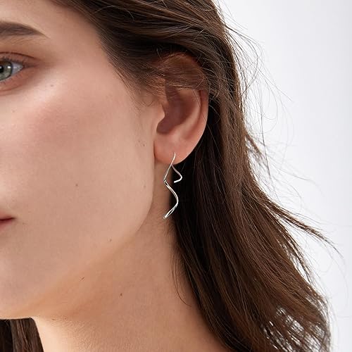 Miniatura 10 de Threader Earrings 925 Sterling Silver Pull Through Hoops Drop Dangle Minimal Everyday Earrings
