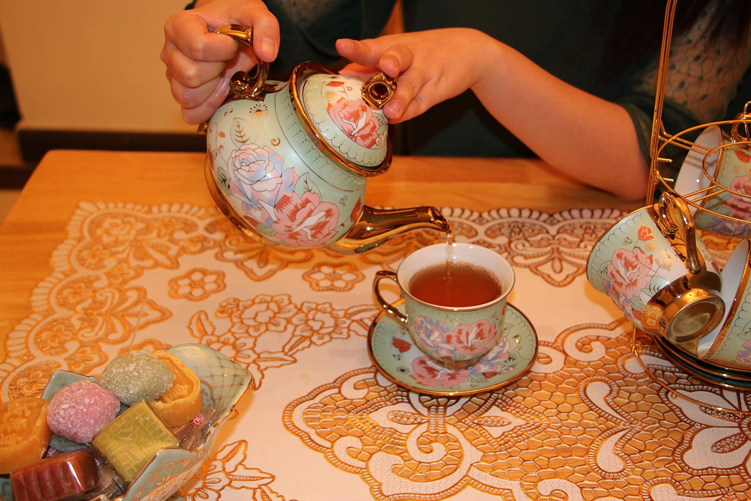 20 Pieces Porcelain Tea Set With Metal Holder, European Ceramic tea set