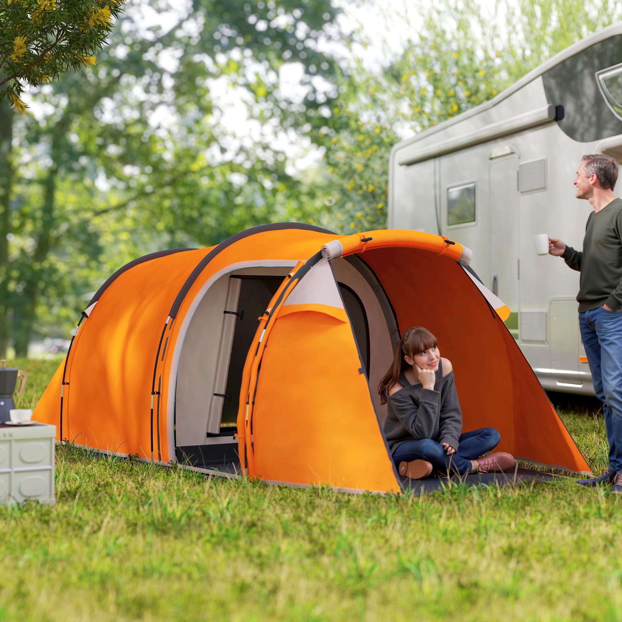 Outsunny Tunnelzelt für 2-3 Personen, Campingzelt mit Vorraum Lampenhaken 2000mm Wassersäule, Wasserdicht Familienzelt, Gruppenzelt für Camping Reise Trekking Garten
