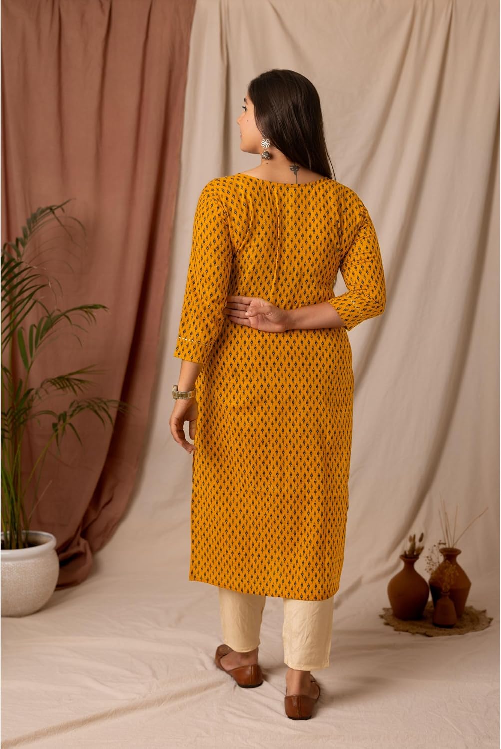 Women's Mustard Cotton Kurti | Straight Ethnic Tunic Top with 3/4 Sleeves for Casual, Work & Festive Wear image 4