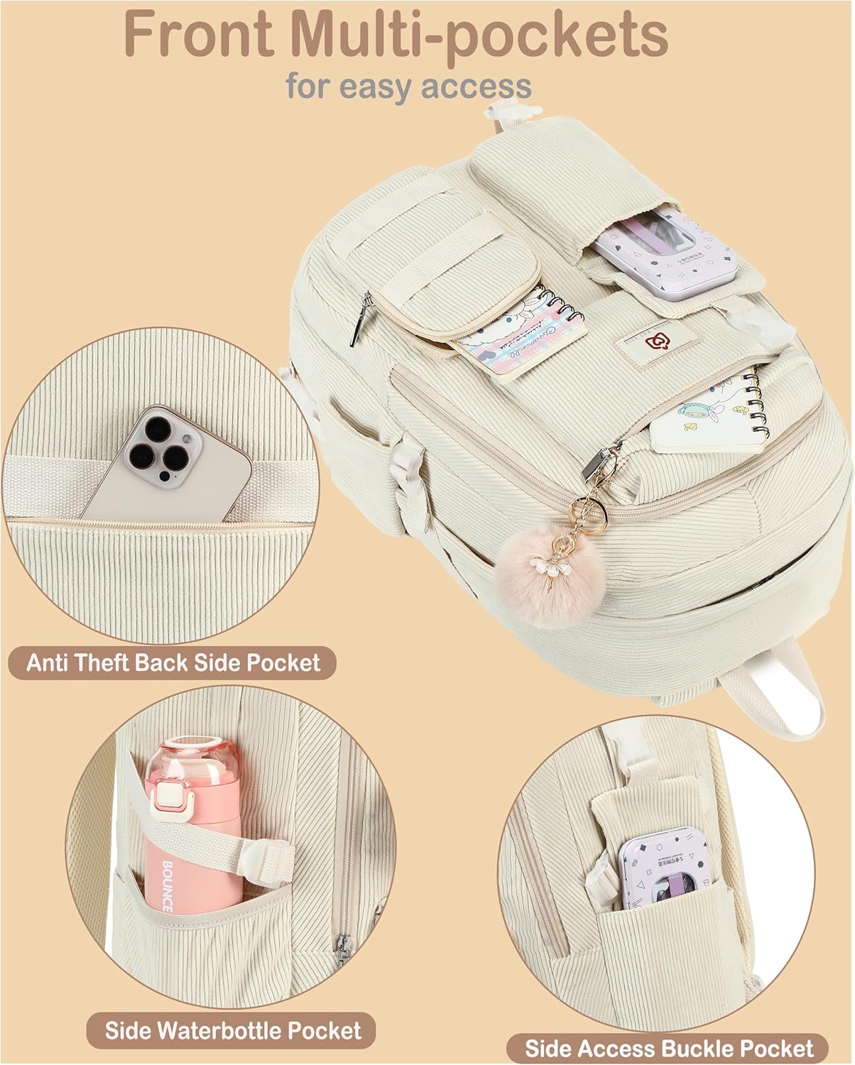 Hidds School Backpack for Teens Girls Women 15.6 Inch Laptop College Backpacks Corduroy Work Bag Kids Elementary Middle High Campus Bookbag Students Back Pack Anti Theft Travel Daypack Womens - Beige - Image 4