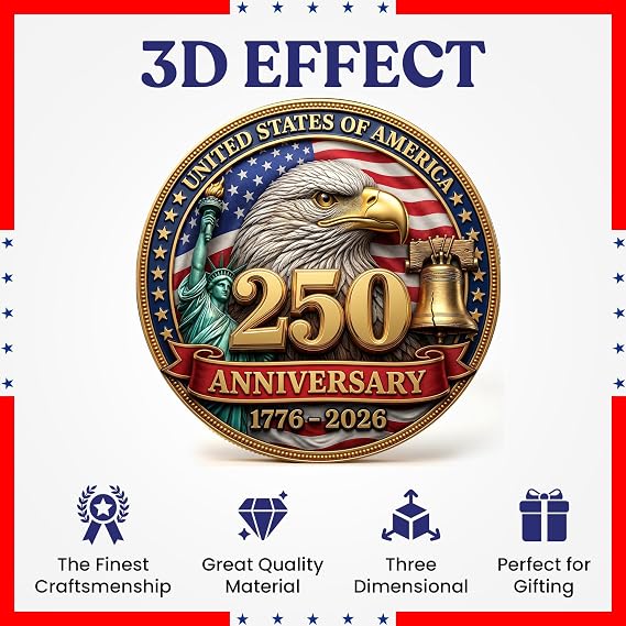 America 250 Anniversary Commemorative Coins | 250th Gold Plated Commemorative Coin | USA Independence Day & 4th of July Gift | Bald Eagle, Liberty Bell & Statue of Liberty | Case, Velvet Pouch & Stand