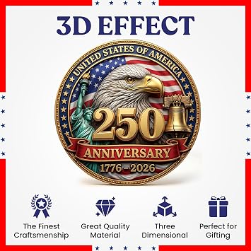 America 250 Anniversary Commemorative Coins | 250th Gold Plated Commemorative Coin | USA Independence Day & 4th of July Gift | Bald Eagle, Liberty Bell & Statue of Liberty | Case, Velvet Pouch & Stand
