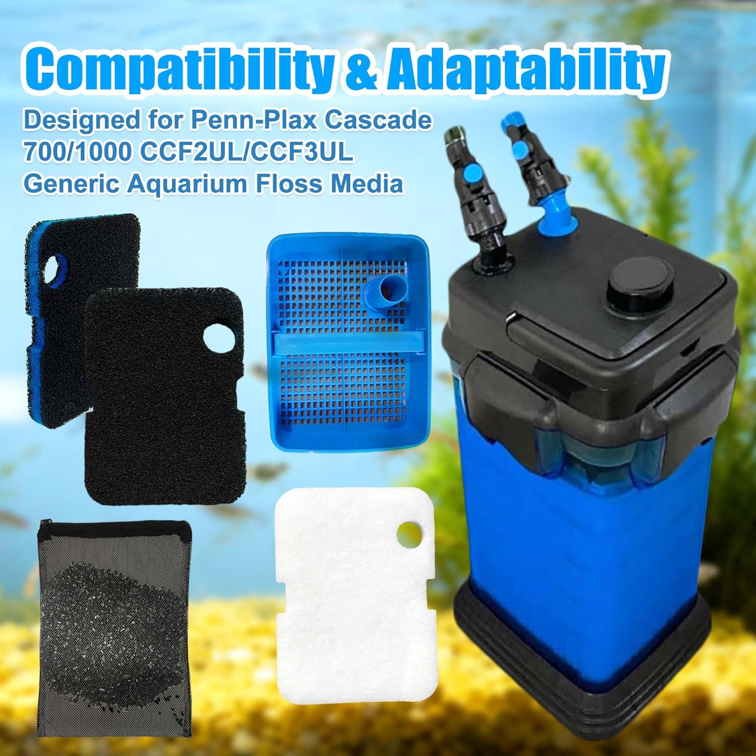 PurifyLogix Replacement Canister Filter Pads for Cascade 700/1000 CCF2UL/CCF3UL Generic Aquarium Floss Media, 2 Upgraded Activated Carbon-Coarse-Activated Carbon Filter Pads and 6 White Floss (8)