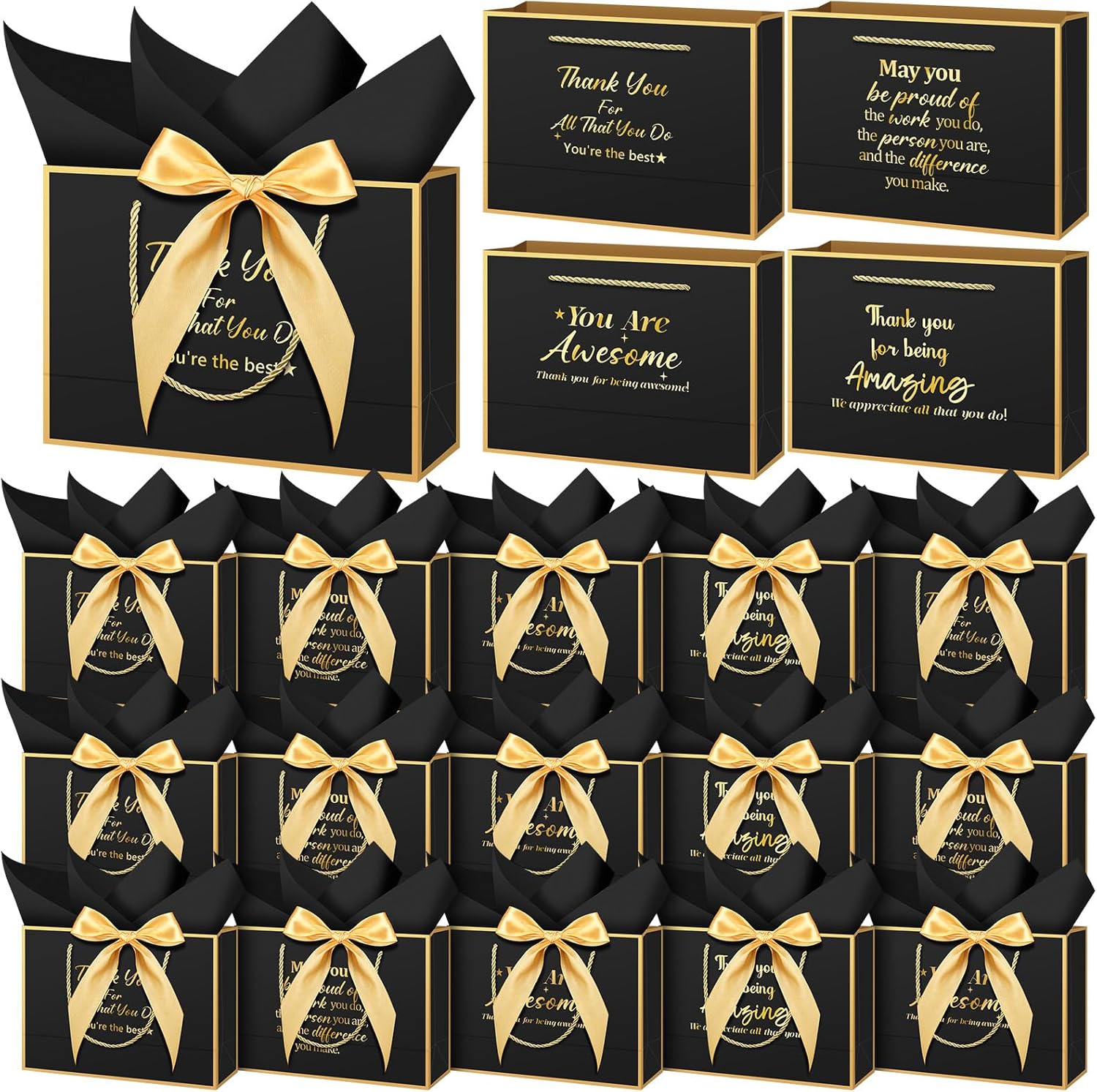 Kolldenn 20 Pack Thank You Gift Bags with Handles Employee Appreciation Gifts Bag for Coworkers, 11x7x3.1 in Large Bags with Bow Ribbon Tissue Paper Appreciation Bag for Medical Assistant(Black)