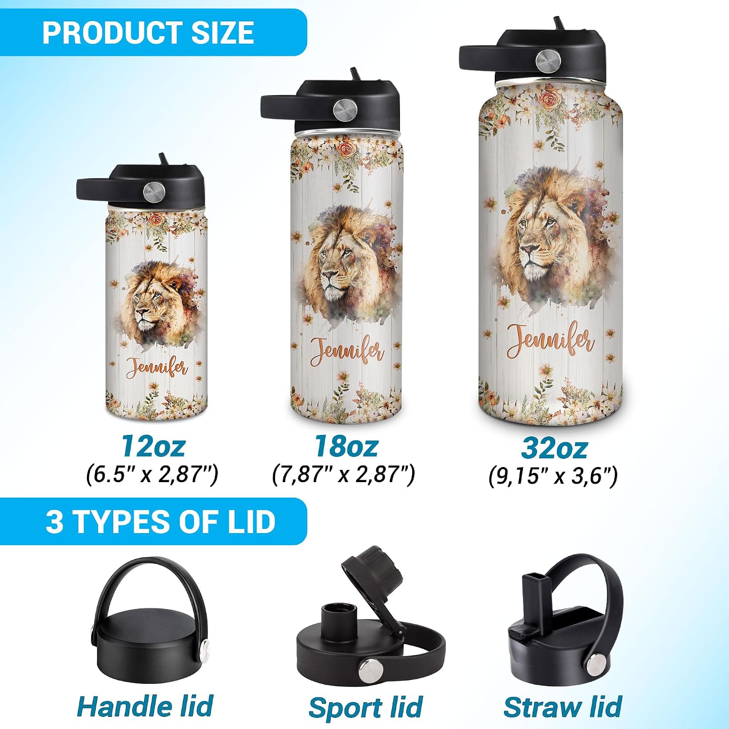 Hyturtle Personalized Lion Water Bottle - Custom Name Travel Insulated Stainless Steel Bottle with Leak-Proof Lid 18oz 32oz - Cute Animal Gift for Women, Girls, Lion Lovers - Birthday & Christmas Gift