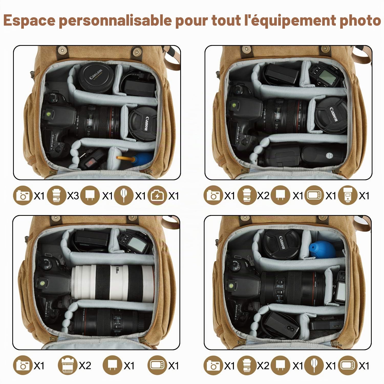 bagsmart Sac à dos pour appareil photo reflex numérique - En toile - Antivol - Imperméable - Avec protection contre la pluie - Pour ordinateur portable de 15", appareil photo reflex numérique,