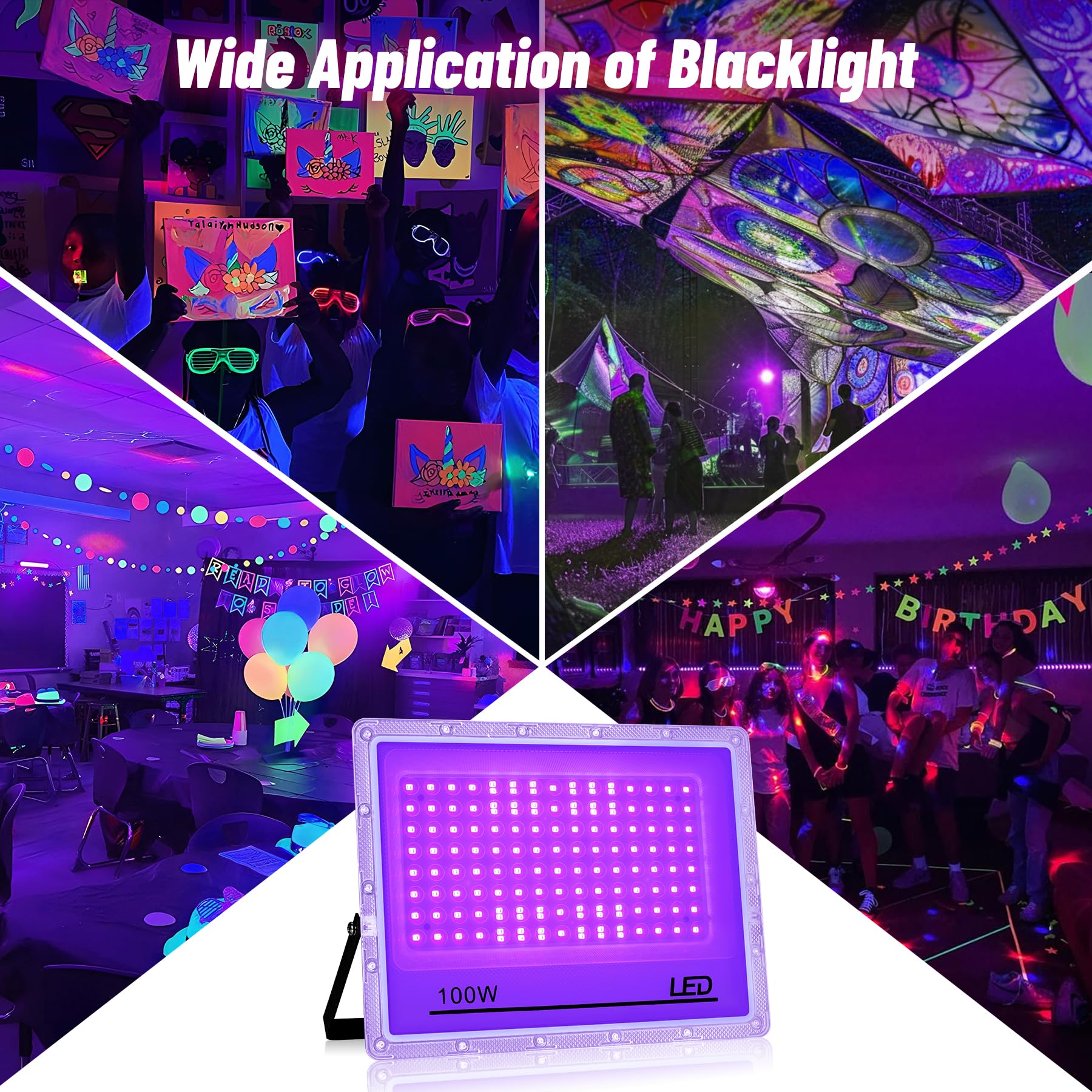 Luce Nera UV per Festa, 2 Pezzi Luce UV 100W, Lampada UV 395nm, IP65 Impermeabile, Blacklight per Feste Glow, Decorazioni Halloween, Discoteca, Illuminazione Palco, Accessori per Feste