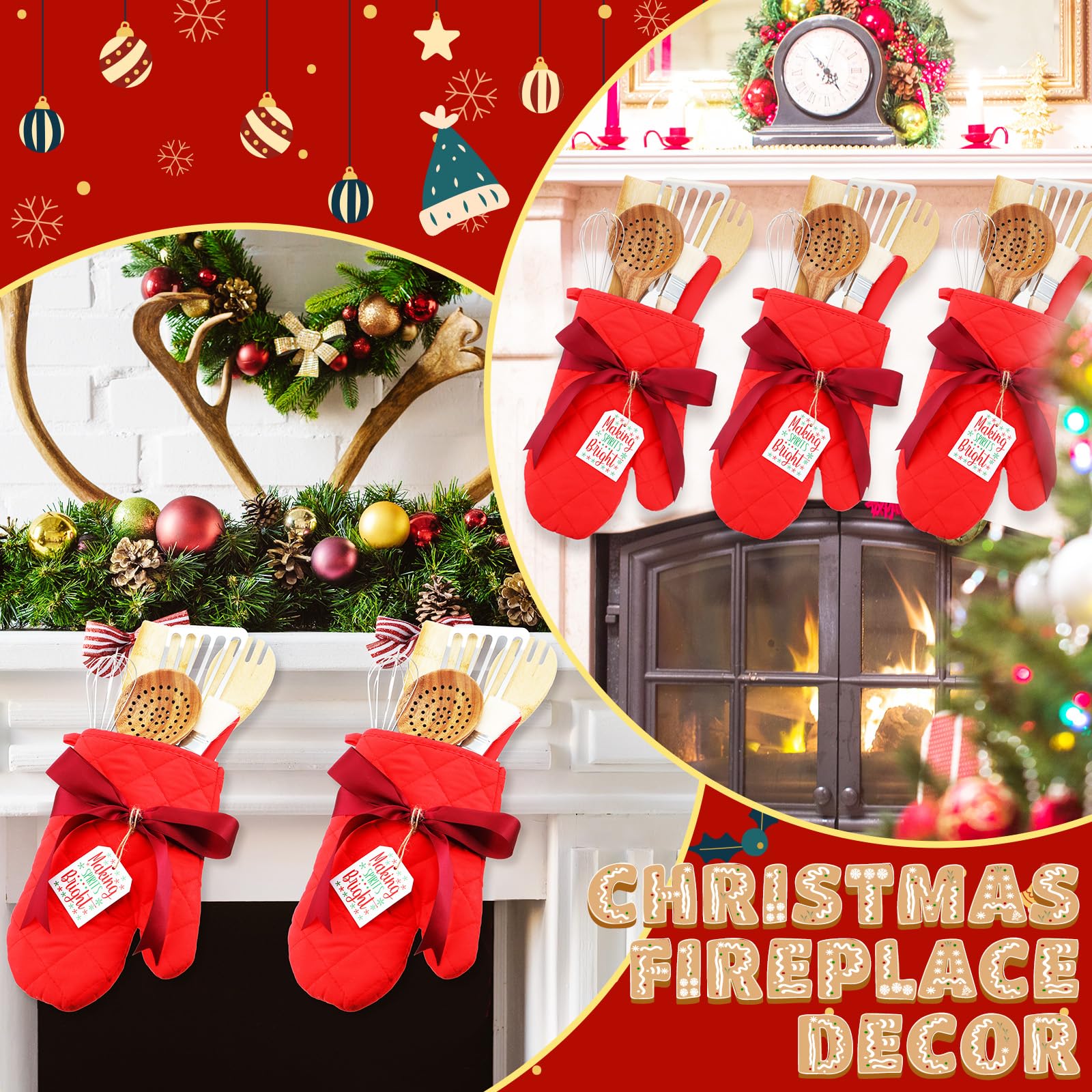 Roshtia Juego de guantes de horno rojos de Navidad, juego de regalo de Navidad para hornear que incluye guantes de horno resistentes al calor, raspadores, batidores, espátulas, coladores para amigos