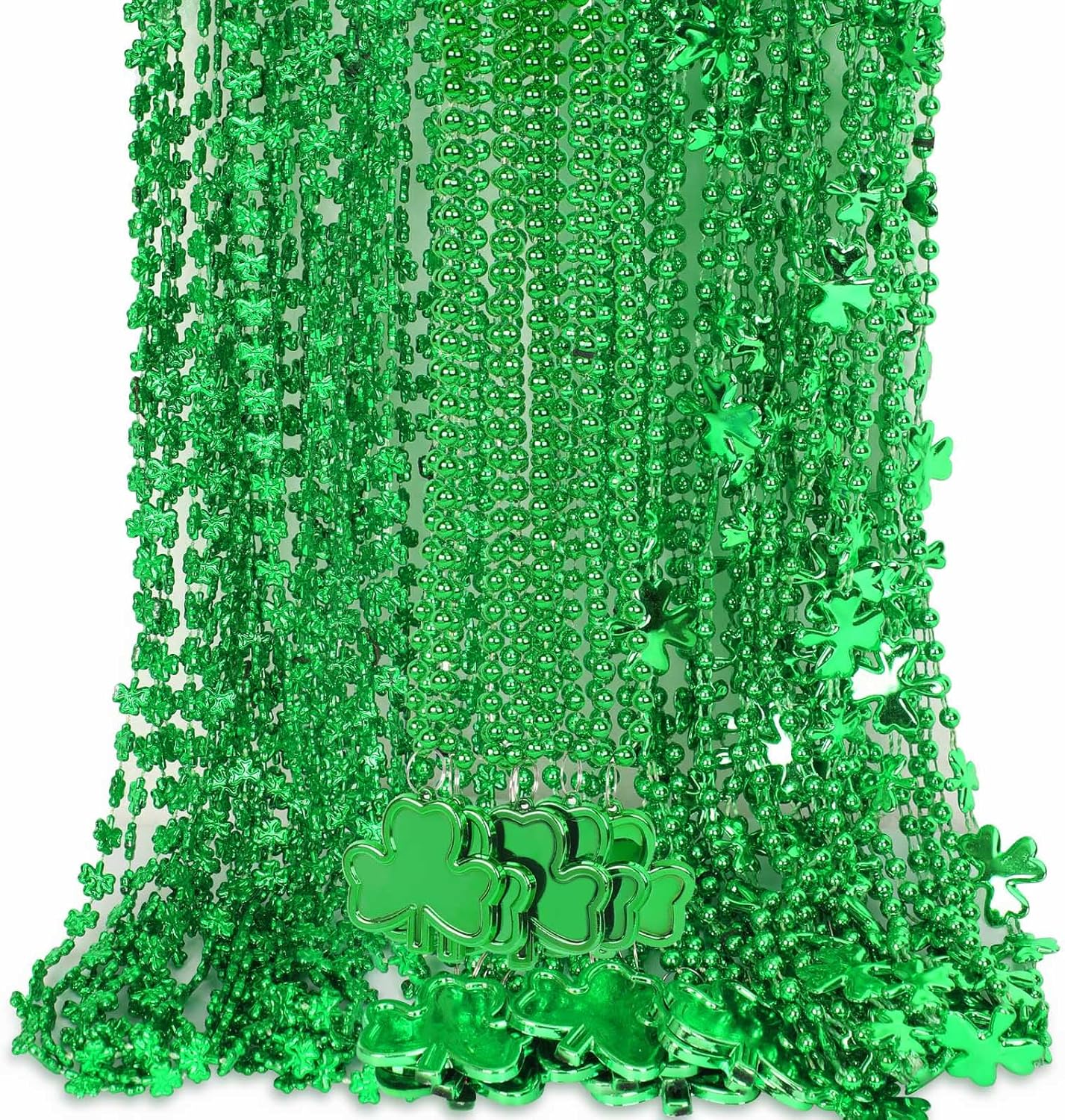 JULBEAR 30 pcs St. Patrick's Day Necklaces, Green Shamrock Clover Metallic Beaded Necklaces for St. Patrick's Day Mardi Gras Party Favors Supplies Irish Holiday Decorations（3 Style）