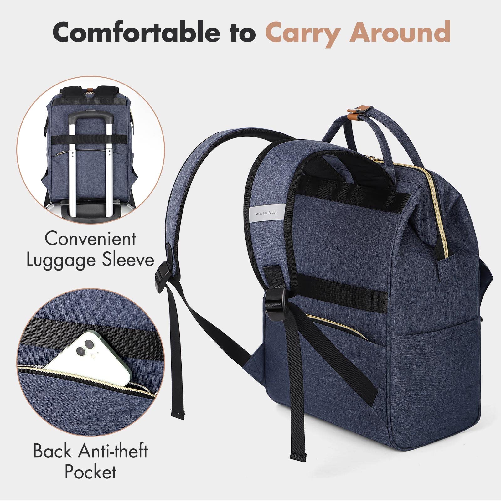 Lekesky Zaino Donna, Multiuso Backpack Porta PC 15.6 Pollici con Borsa Antifurto, Impermeabile Zaino Lavoro Laptop Elegante per Viaggio, Ufficio, Università, Blu