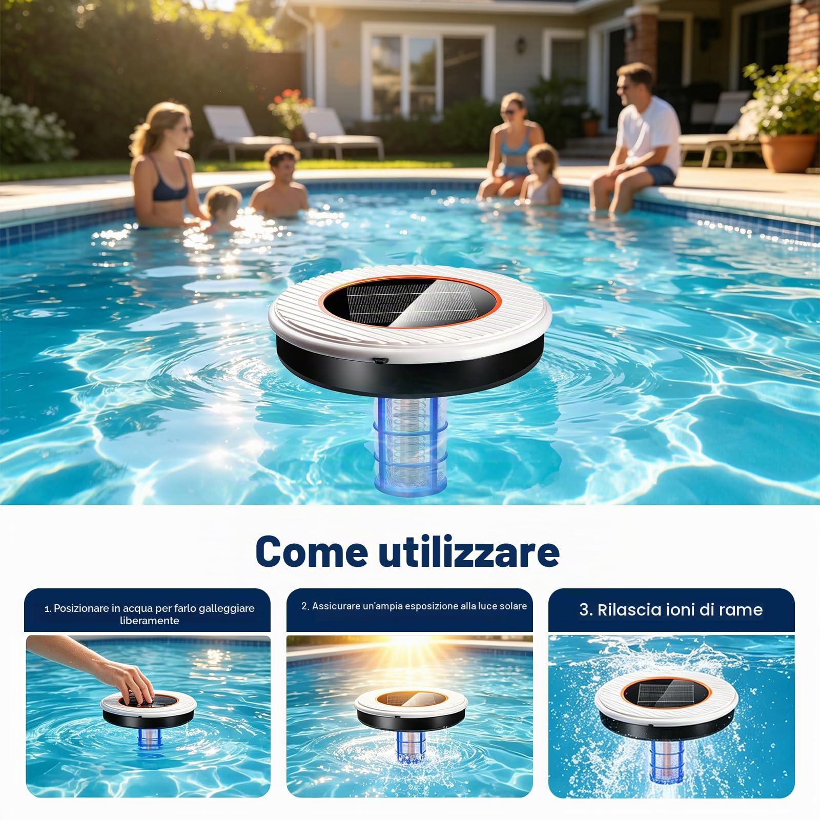 Ionizzatore Solare per Piscina, Ionizzatore in Rame per Piscine Fuori Terra e Interrate, Fino a 35,000 Gal, IP68 Impermeabile, Ionizzatore Galleggiante per Piscine